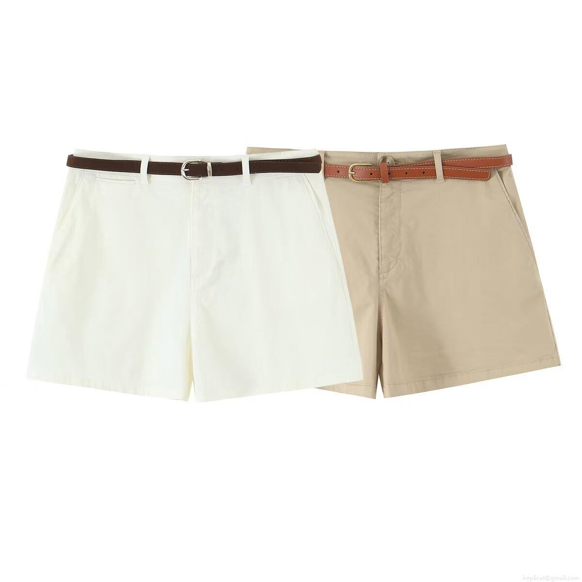 Women High Waist Pleated Casual Shorts With Brown Belt Polyester Blend Summer Beach Vacation Fashion Solid Color Ladies Bottoms