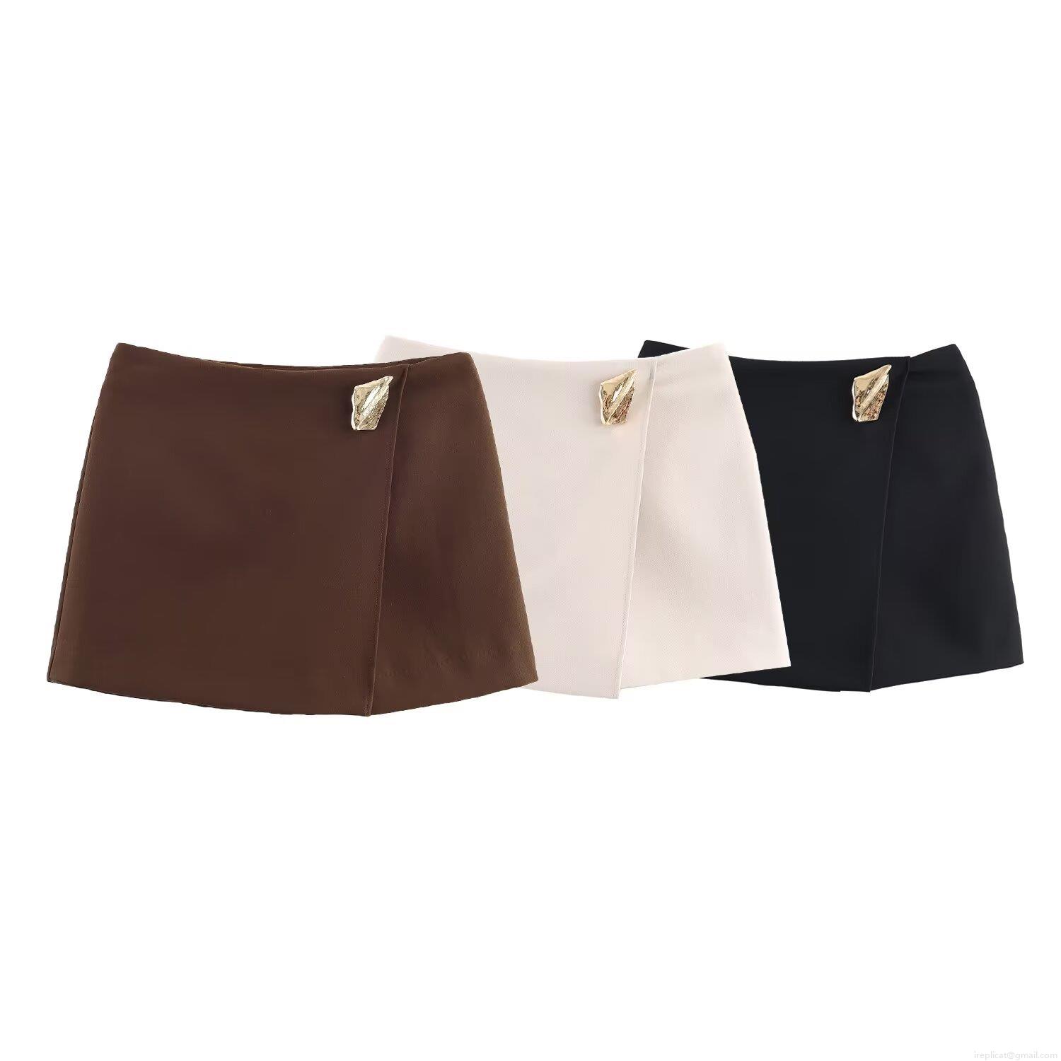 Women High Waist Asymmetric Skort Mini Skirt With Metal Buckle Ruched Solid Color Sexy Streetwear Polyester Shorts Skirt Party Clubwear Chic Bottoms