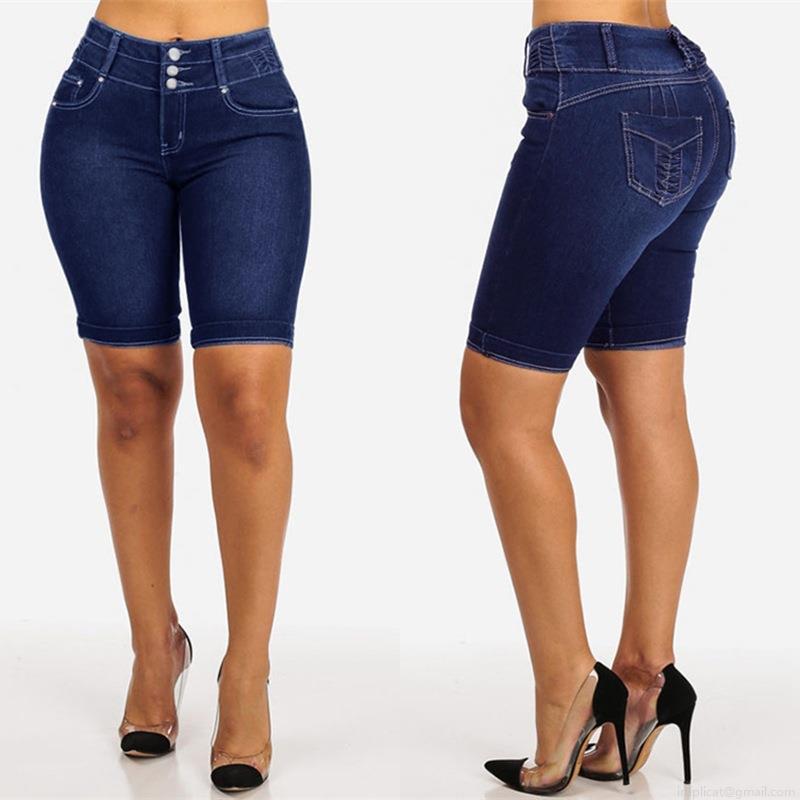Women High Waist Denim Shorts Three Buttons Slim Fit Five-Point Cycling Shorts Dark Blue Cotton Blend Stretch Jean Shorts For Summer Daily Casual