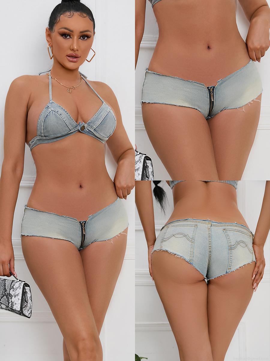 Sexy Women's Light Blue Denim Micro Shorts High Stretch Frayed Hem Low Waist Hot Pants Long Front Zipper Club Party Summer Jean Shorts