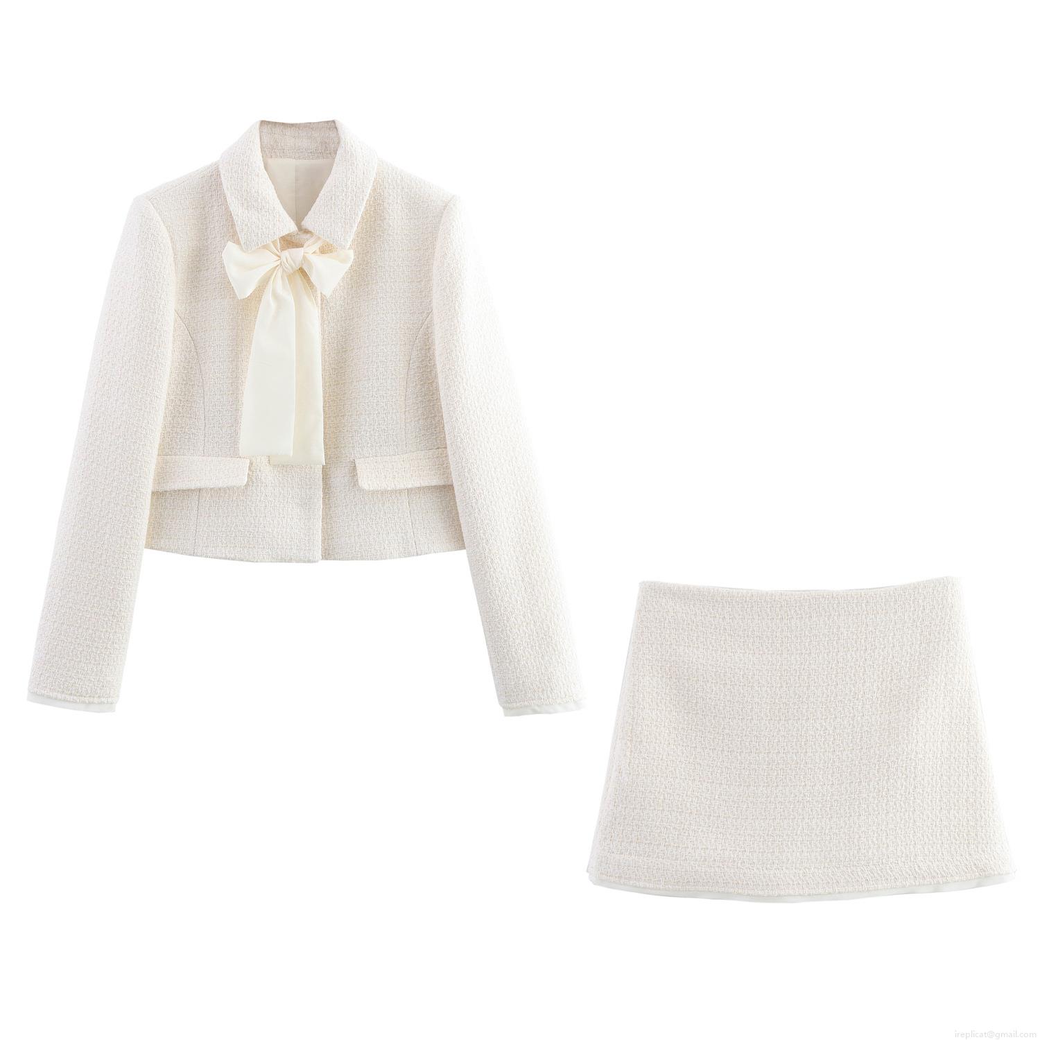 Elegant Sweet Women's Two-Piece Tweed Set Long Sleeve Cropped Jacket With Large Bow Knot And Matching A-Line Skort Polyester Fall Winter Outfits