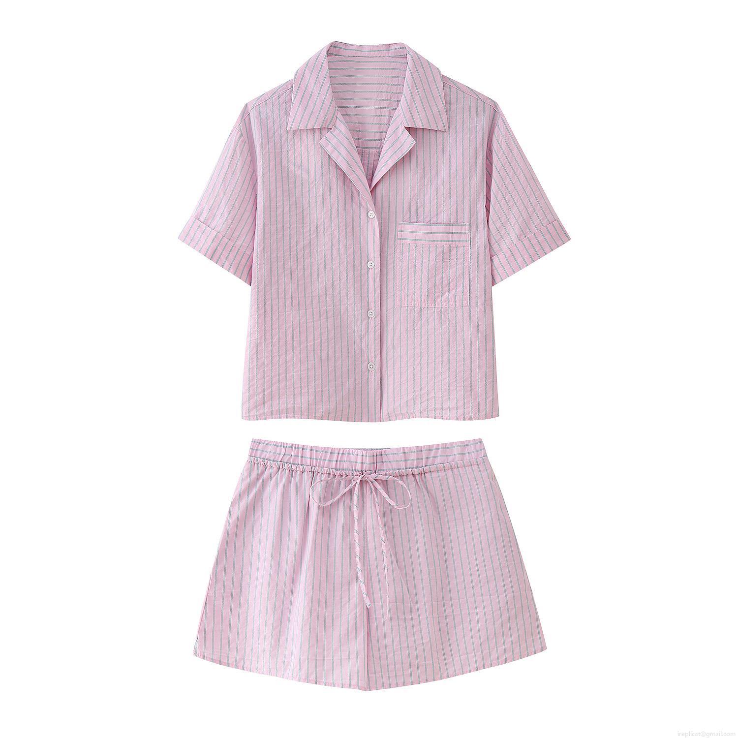 Women's Striped Shorts Set Two-Piece Pink White Polyester Casual Short Sleeve Shirt Elastic Waist Tie-Up Shorts Sweet Loungewear For Women