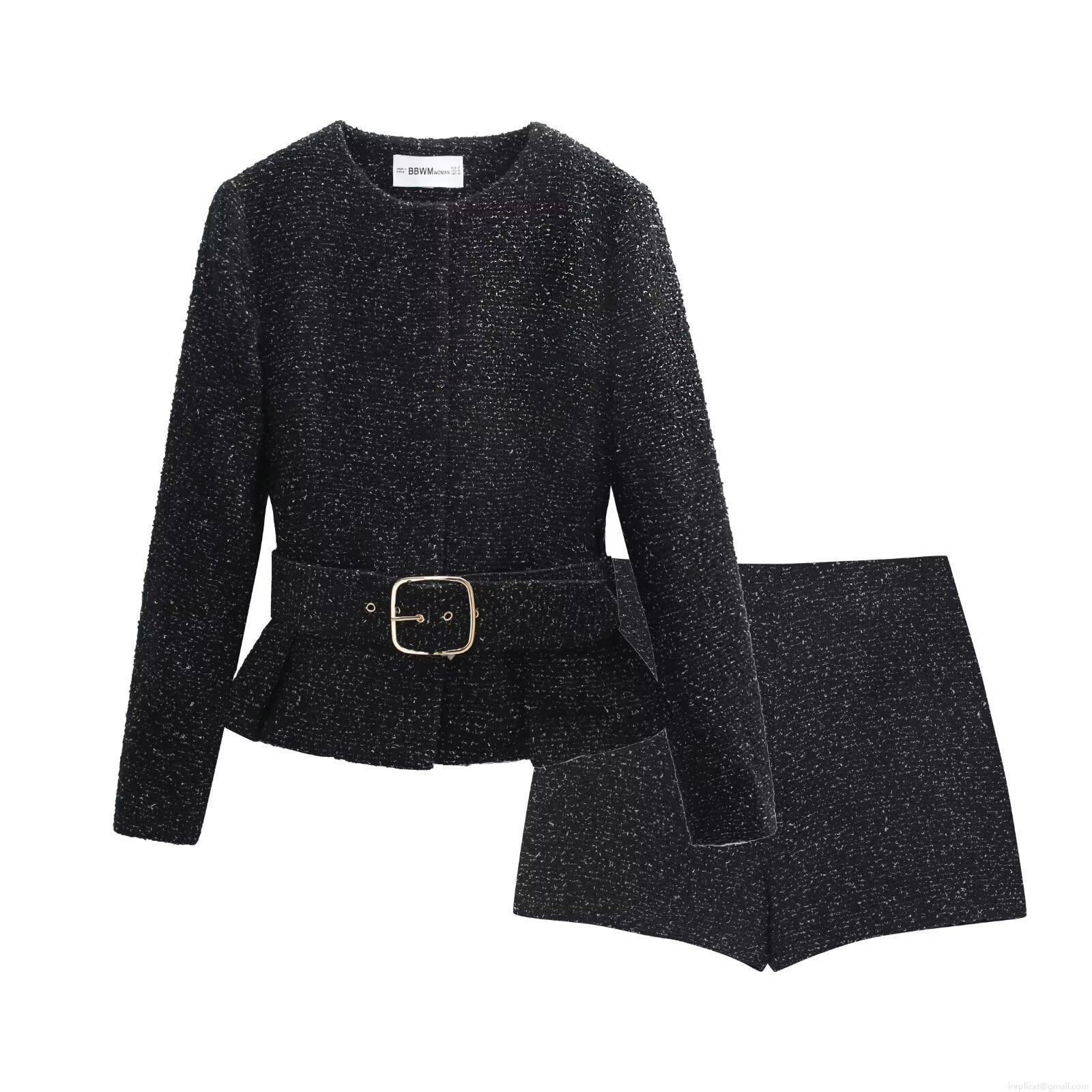 Elegant Women's Black Tweed Two Piece Suit Set Long Sleeve Round Neck Jacket With Metal Buckle Belt And High Waist A-Line Shorts Office Lady Fashion Outfit