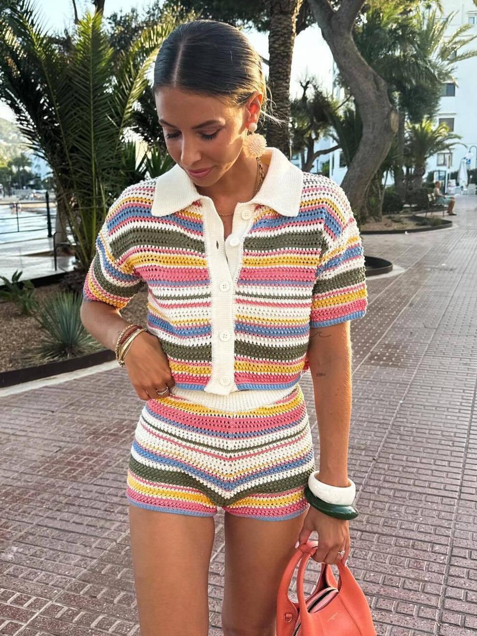 Women's Crochet Knit Two Piece Polo Set Multicolor Rainbow Stripe Short Sleeve Top and High Waist Shorts Streetwear Outfits