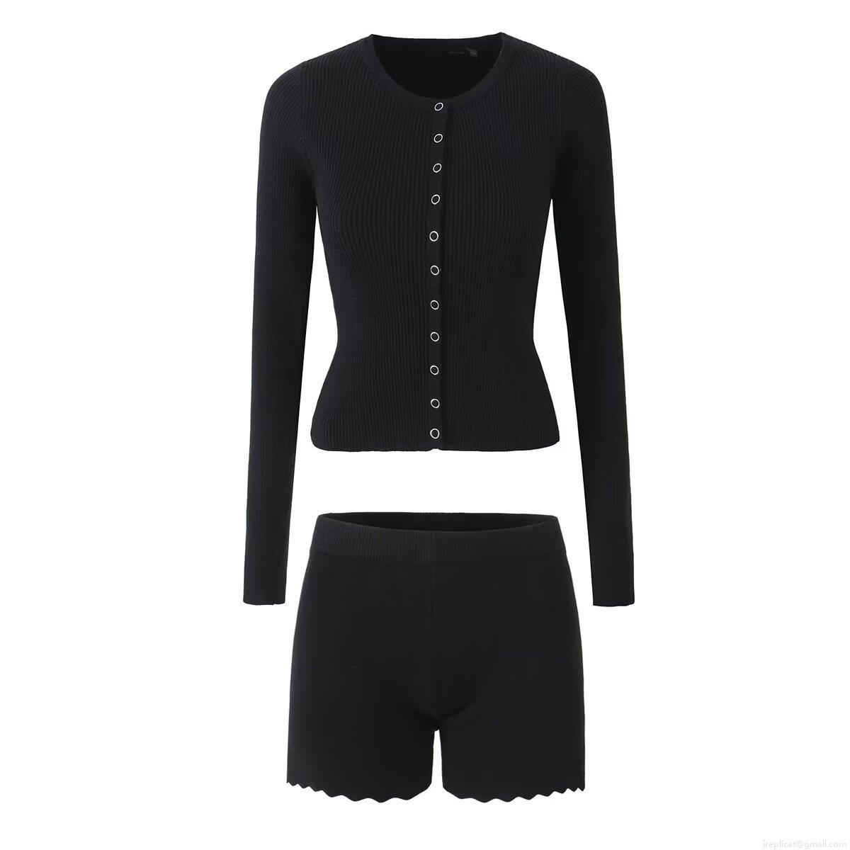 Women's Ribbed Knit Two Piece Set Single Breasted Long Sleeve Cardigan And Wave Hem Shorts Casual Solid Color Slim Fit Lounge Set
