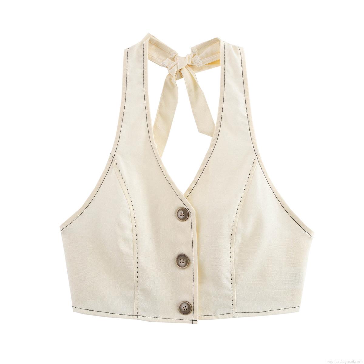 Women's Summer Cotton Linen Blend Contrast Stitching Shorts Set Retro Halter Neck Sleeveless Top And High Waisted Shorts Two Piece Outfits For Vacation Beach Streetwear
