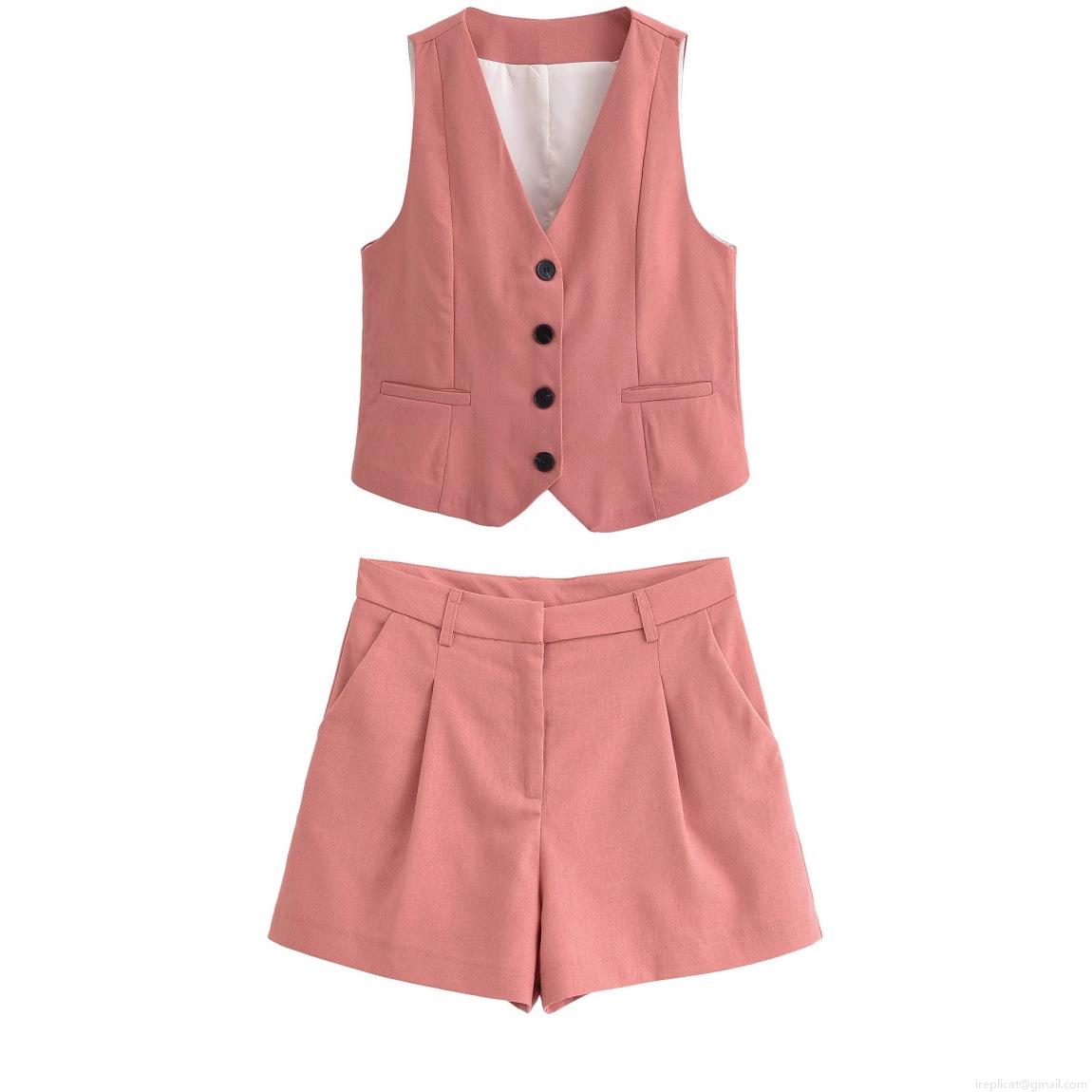 Summer Women's 2 Piece Suit Set Dusty Pink V-Neck Single Breasted Vest Waistcoat And High Waist Shorts Elegant Casual Office Matching Outfits