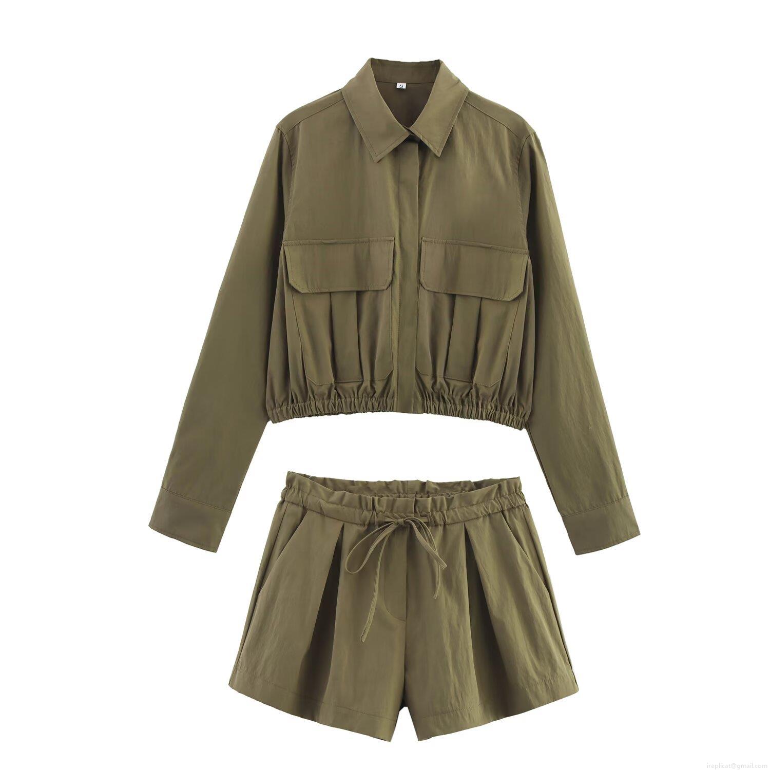 Women's Two Piece Co-ords Set Cropped Long Sleeve Button Up Shirt And High Waist Drawstring Shorts Solid Color Polyester Streetwear Summer Outfit