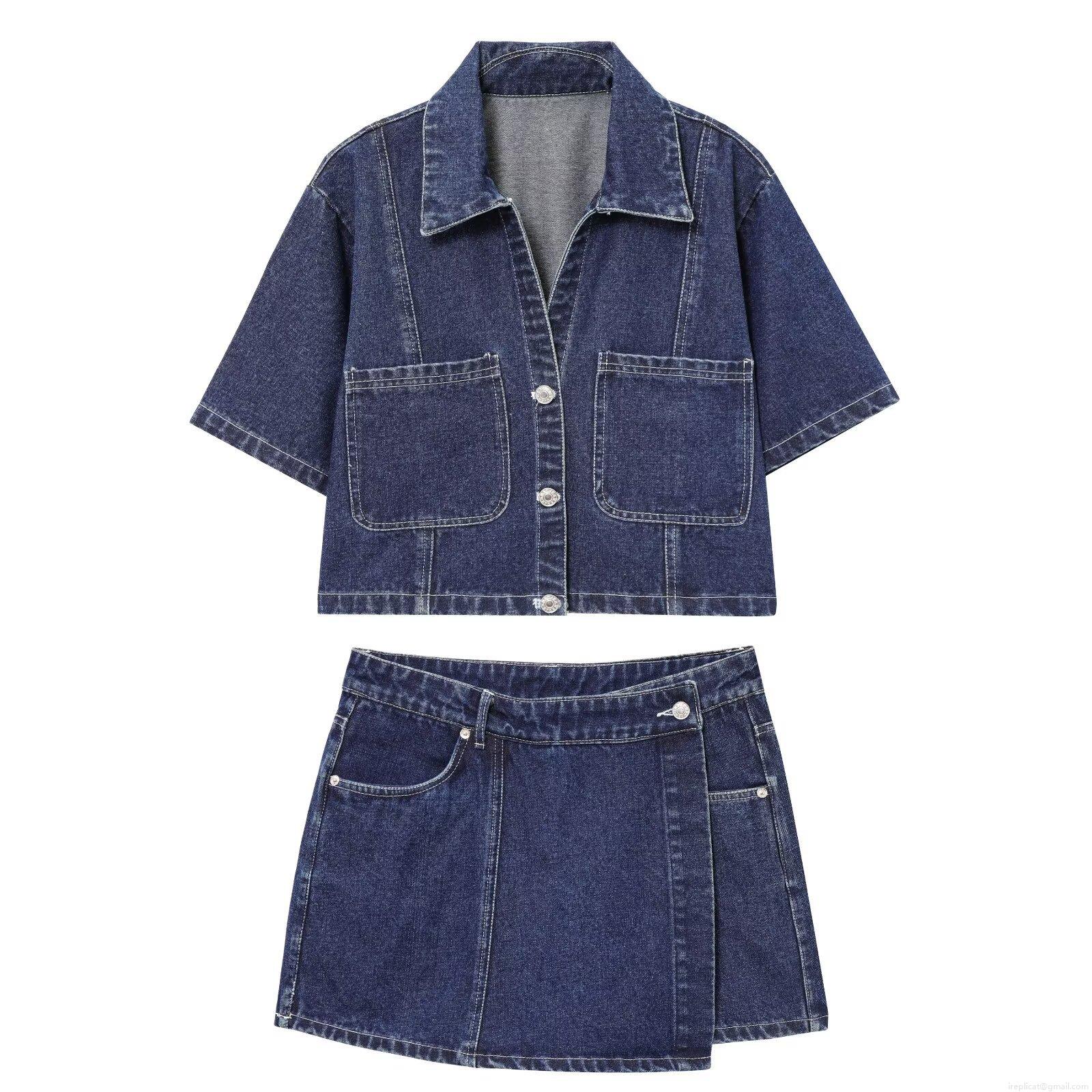 Women's Two-Piece Denim Set Short Sleeve Button Up Jacket With Large Pockets And Asymmetric Wrap Skort Casual Streetwear Outfit Dark Blue Polyester Denim Fabric