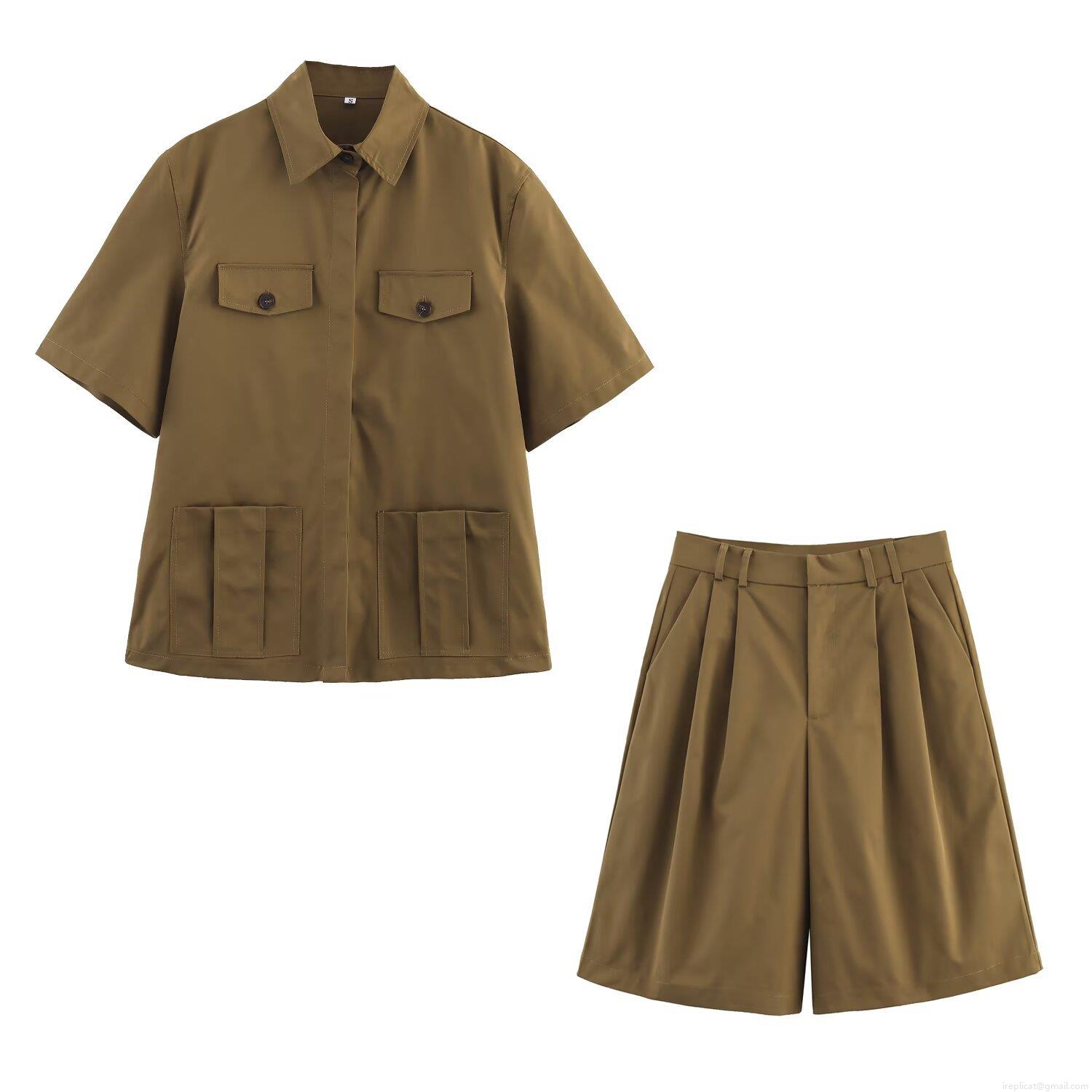 Women Summer Two Piece Shorts Set Utility Four Pocket Shirt And Wide Leg Shorts Casual Street Style Outfit Solid Color Polyester Suit For Vacation Daily