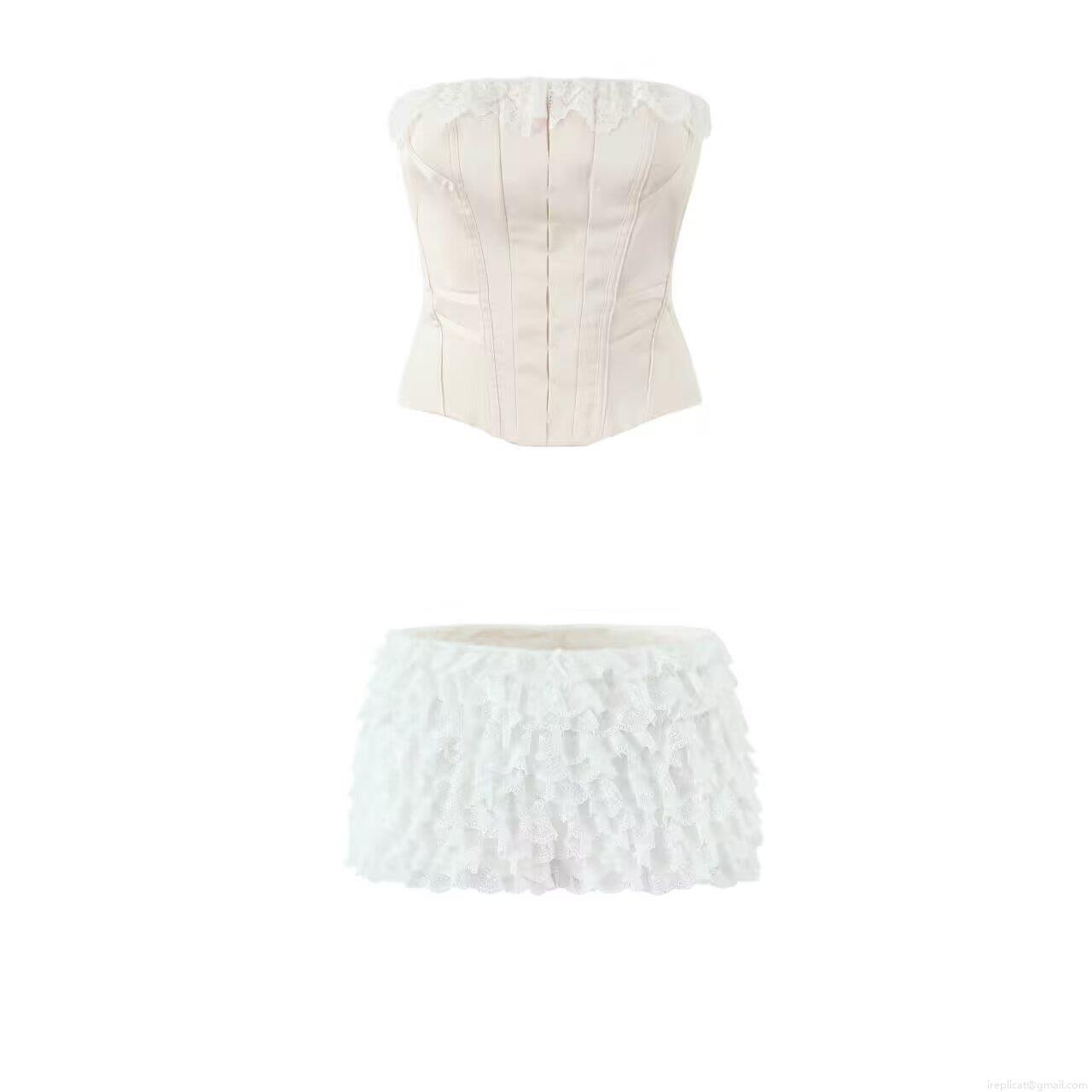 Women's Sexy Lace Two Piece Set Strapless Corset Tube Top And Ruffle Layered Shorts French Vintage Satin Aesthetic Summer Outfit For Women