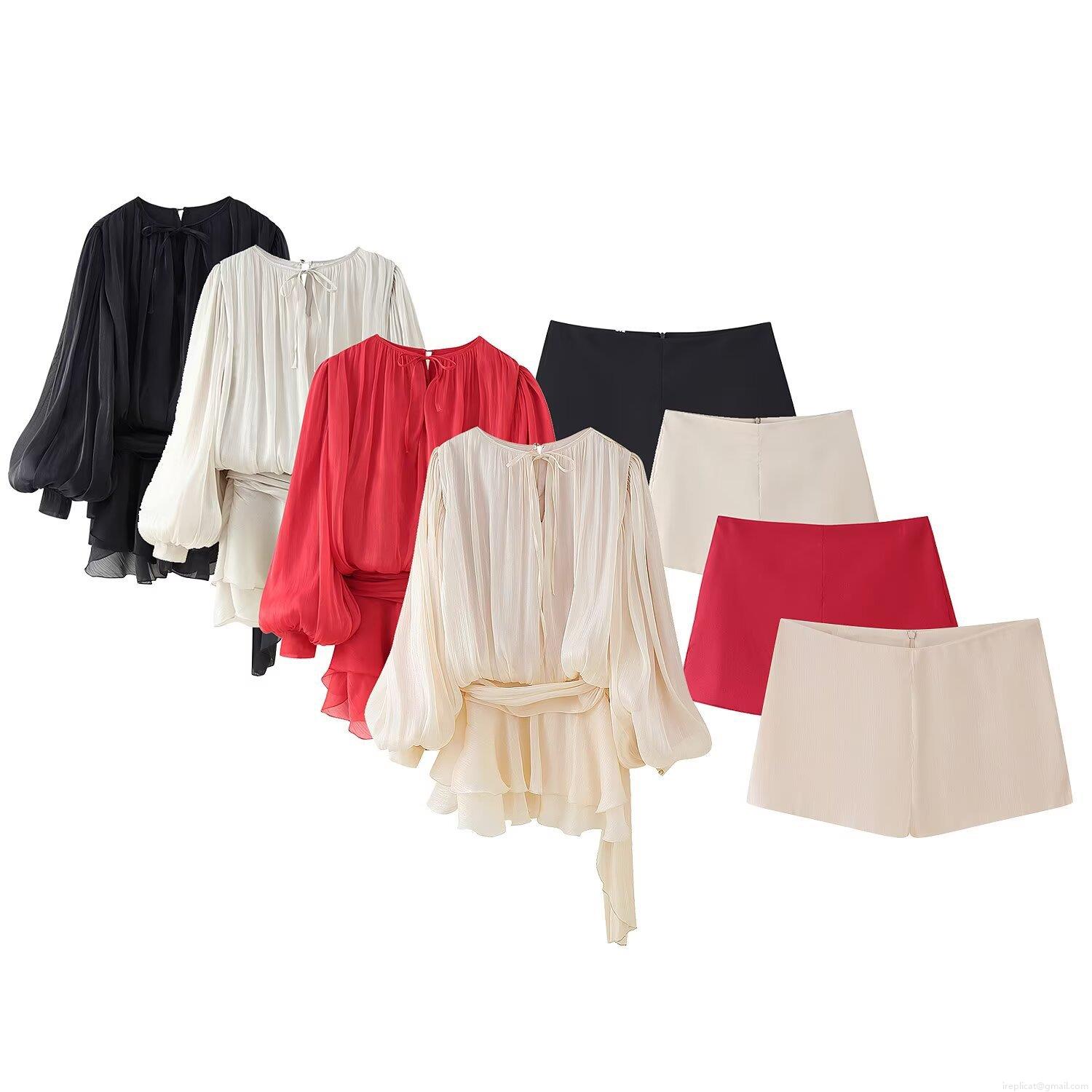 Women's 2-Piece Shorts Set Elegant Pleated Chiffon Lantern Long Sleeve Tie-Neck Top and High Waist Shorts Streetwear Casual Vacation Outfit