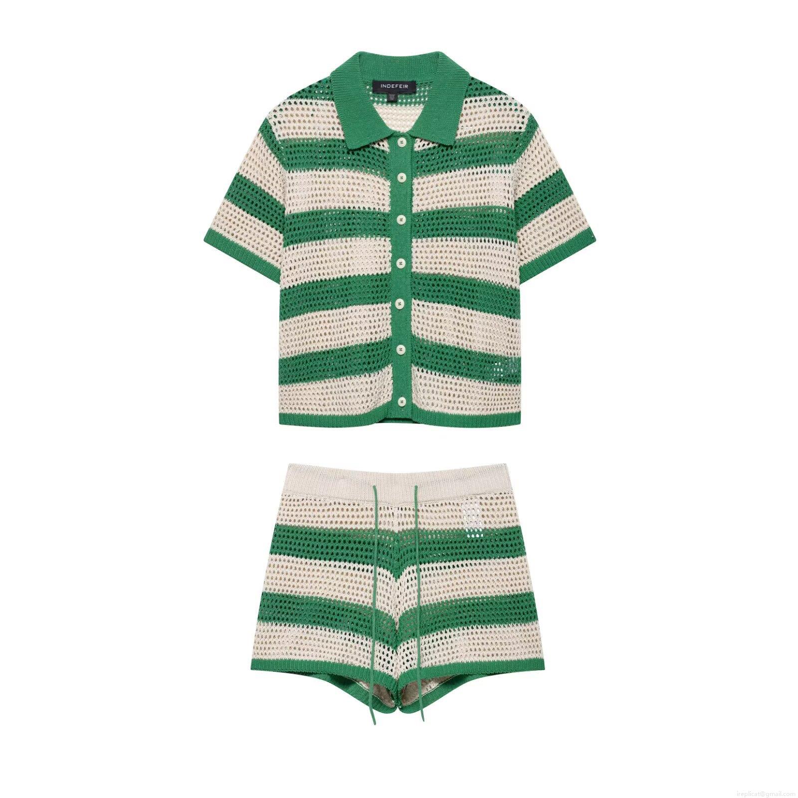 Women's Knit Striped Shorts Set 2 Piece Outfits Hollow Out Crochet Short Sleeve Polo Shirt And Drawstring Shorts Summer Casual Vacation Streetwear Set
