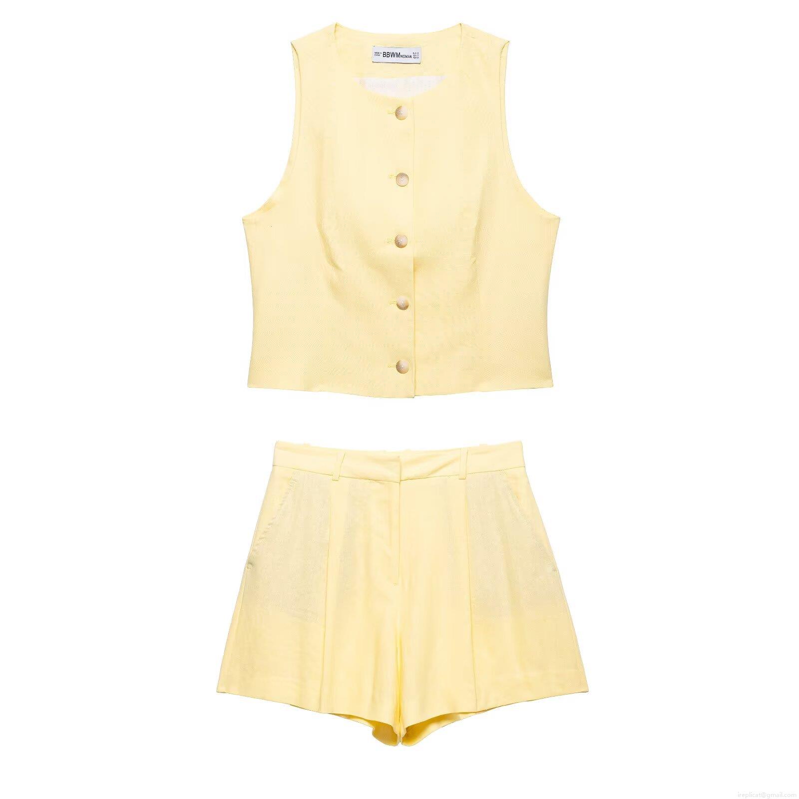 Women's 2 Piece Summer Shorts Set Polyester Cotton Linen Texture Button Down Sleeveless Vest Top And High Waisted Wide Leg Shorts Outfits For Vacation Streetwear
