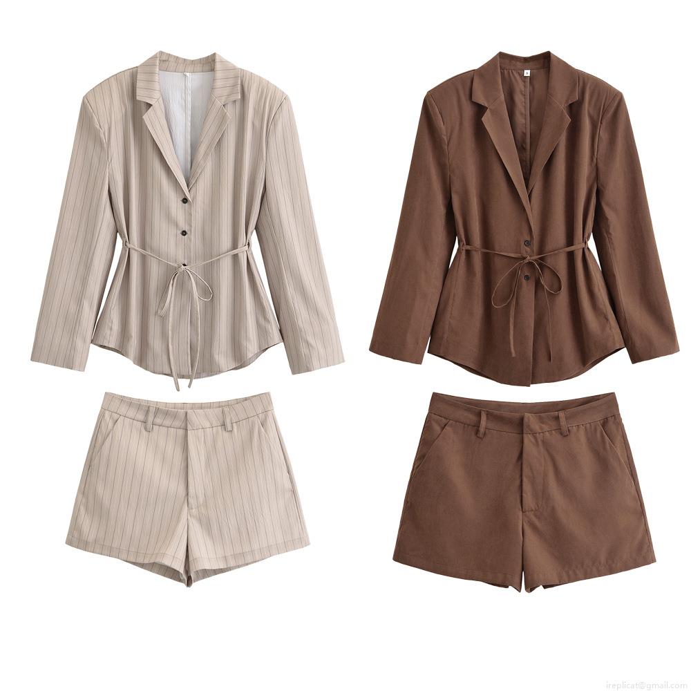 Women's 2 Piece Blazer Shorts Set 100% Polyester Notched Lapel Striped Solid Color Long Sleeve Blazer With Belt High Waist Shorts Suit For Office Streetwear Casual Summer Elegant Lady Outfit