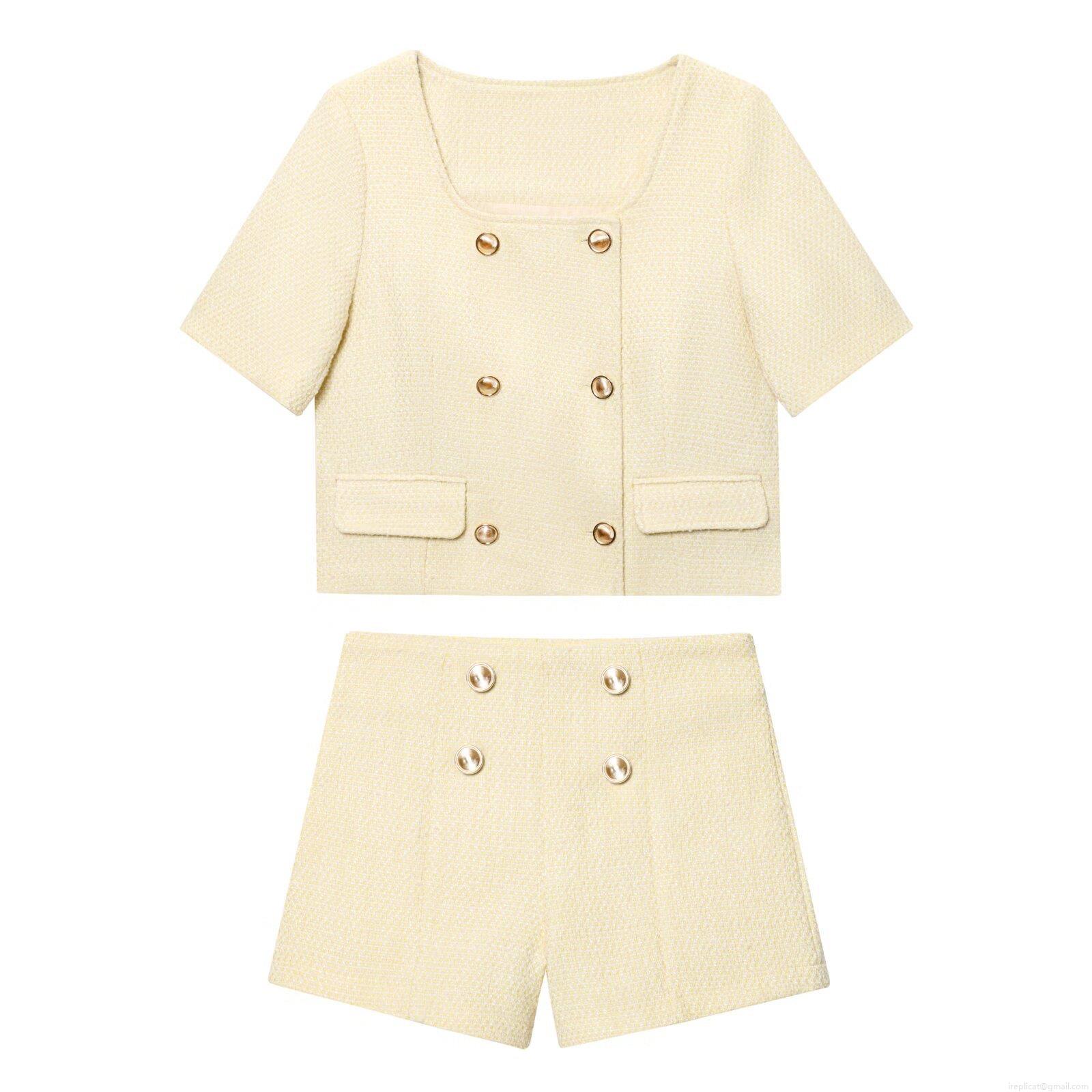 Women Classic Tweed Short Sleeve Jacket and High Waist Shorts Set Double Breasted Gold Button Square Neck Light Yellow Two Piece Outfits Polyester Summer Streetwear For Lady