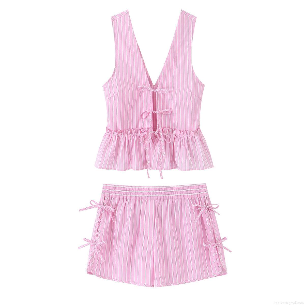 Women's Pink White Striped V Neck Bow Tie Peplum Tank Top And High Waist Shorts Two Piece Set Summer Casual Beachwear Outfits Streetwear