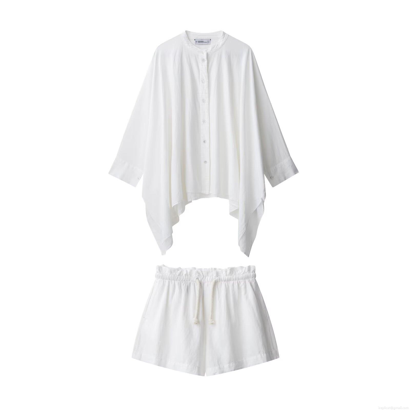 Women's Two Piece Shirt Shorts Set 100% Polyester Batwing Long Sleeve Asymmetrical Cape Shirt Drawstring High Waist Casual Lounge Suit White XS-L