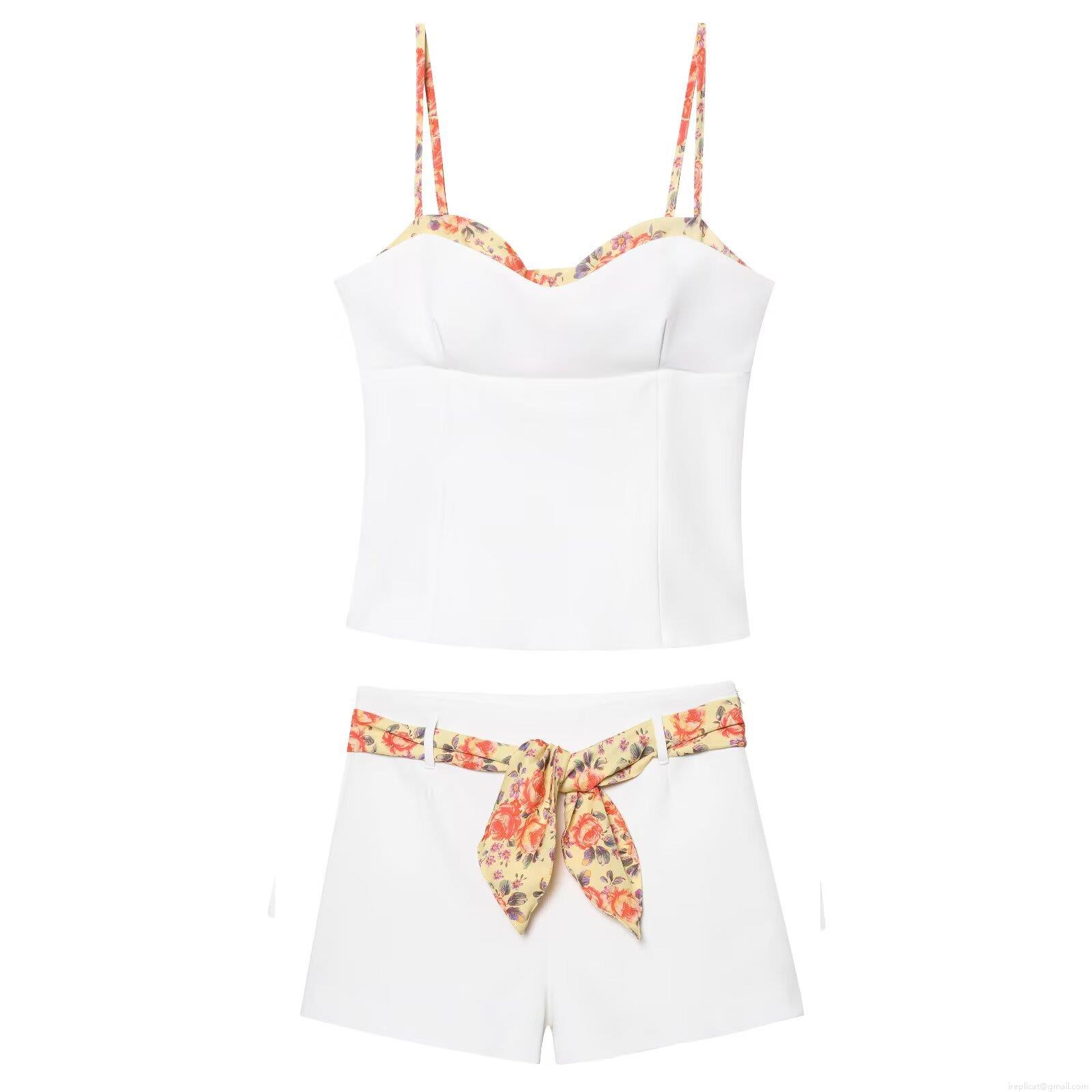Women's Summer European Style White Floral Print Camisole and Shorts Set Sleeveless Two Piece Casual Streetwear Outfit with Tie Belt