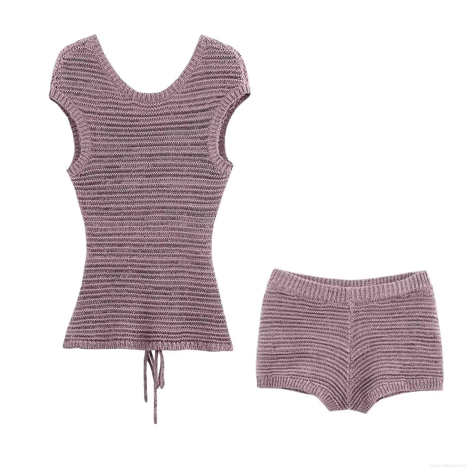 Women's Two Piece Knit Shorts Set Summer Sexy Lace Up Short Sleeve Top And High Waist Ribbed Knit Shorts Set Casual Streetwear Co-ords