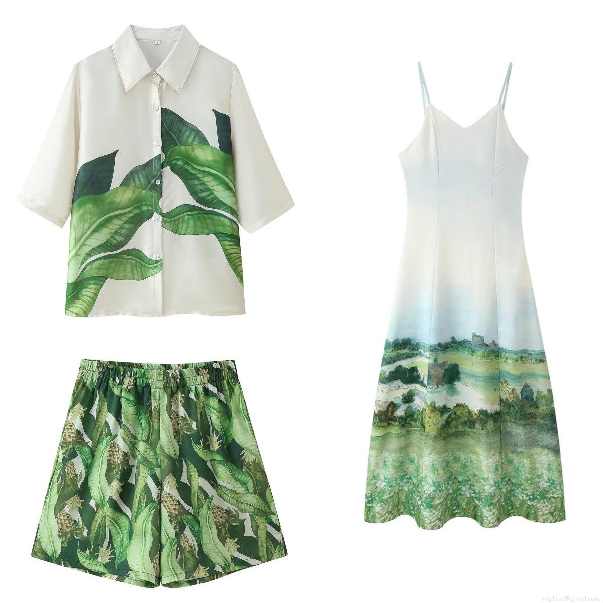 Women Tropical Leaf Print Short Sleeve Shirt High Waist Shorts And Scenery Oil Painting Strap Dress 3-Piece Set Summer Vacation Streetwear Polyester Outfits
