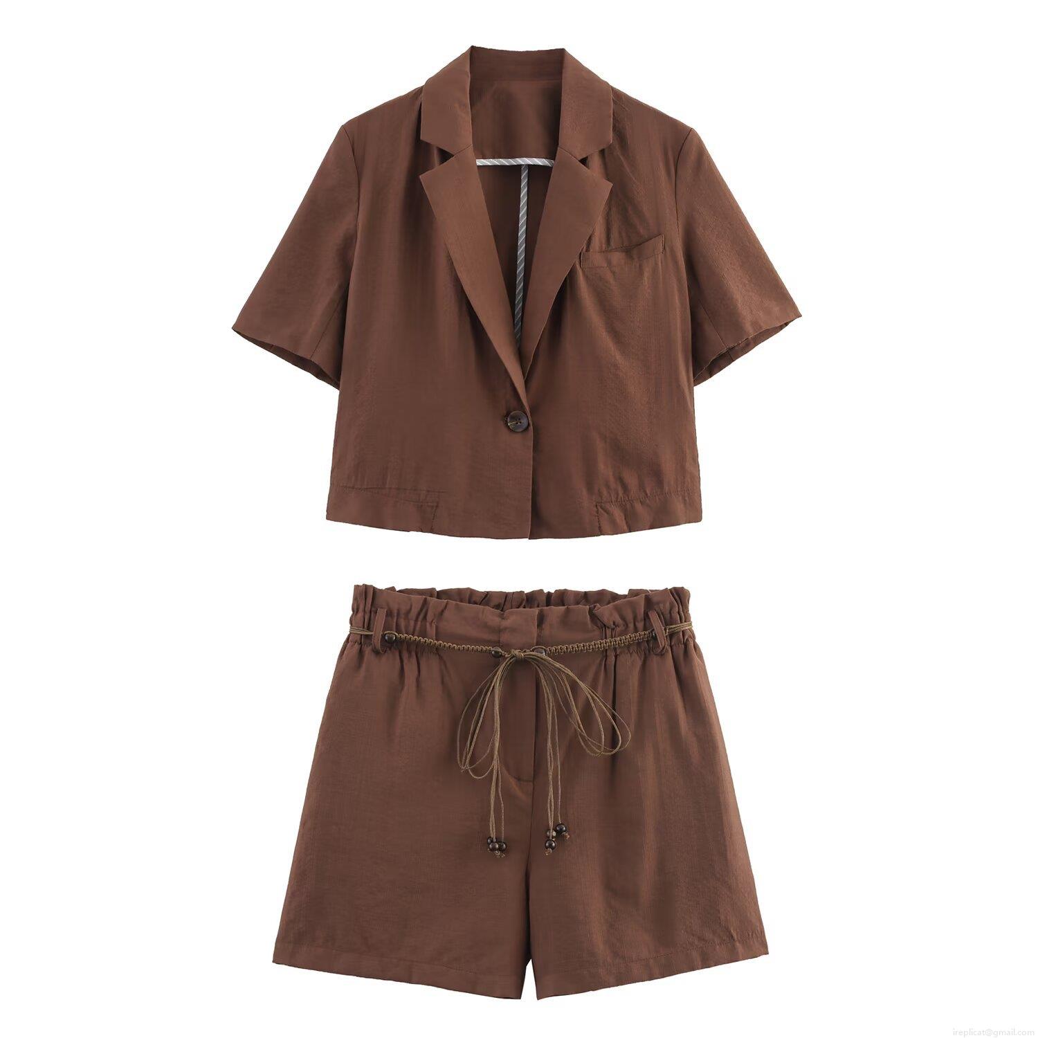 Women's Summer Casual Two-Piece Set Short Sleeve Notch Lapel Button Up Shirt And Beaded Drawstring Waist Shorts Cotton Linen Blend Streetwear Outfit