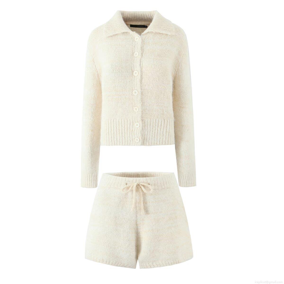 Women's Chic Knitted Two-Piece Set Soft Polyester Blend Lapel Button-Up Cardigan And Drawstring Shorts Casual Warm Lounge Wear Street Style Elegant Outfit