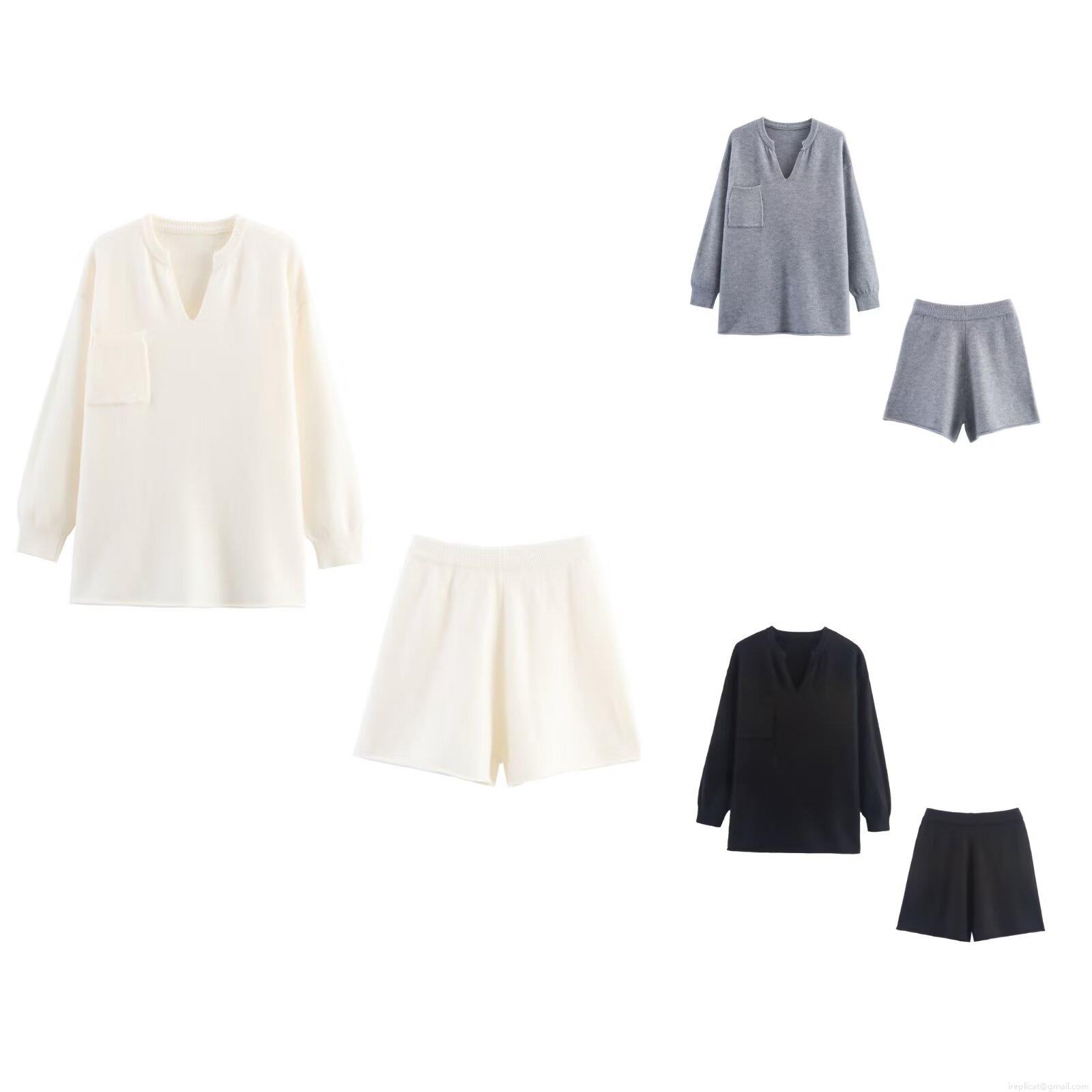 Women Two Piece Knit Set V Neck Long Sleeve Pocket Top And High Waist Casual Shorts Loungewear Outfits