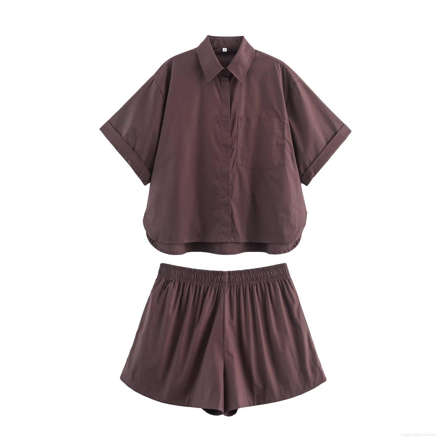 Women Casual Two Piece Shorts Set Solid Color Button Down Short Sleeve Shirt and Elastic Waist Loose Shorts High Density Imitation Tencel Summer Fall Outfits Streetwear