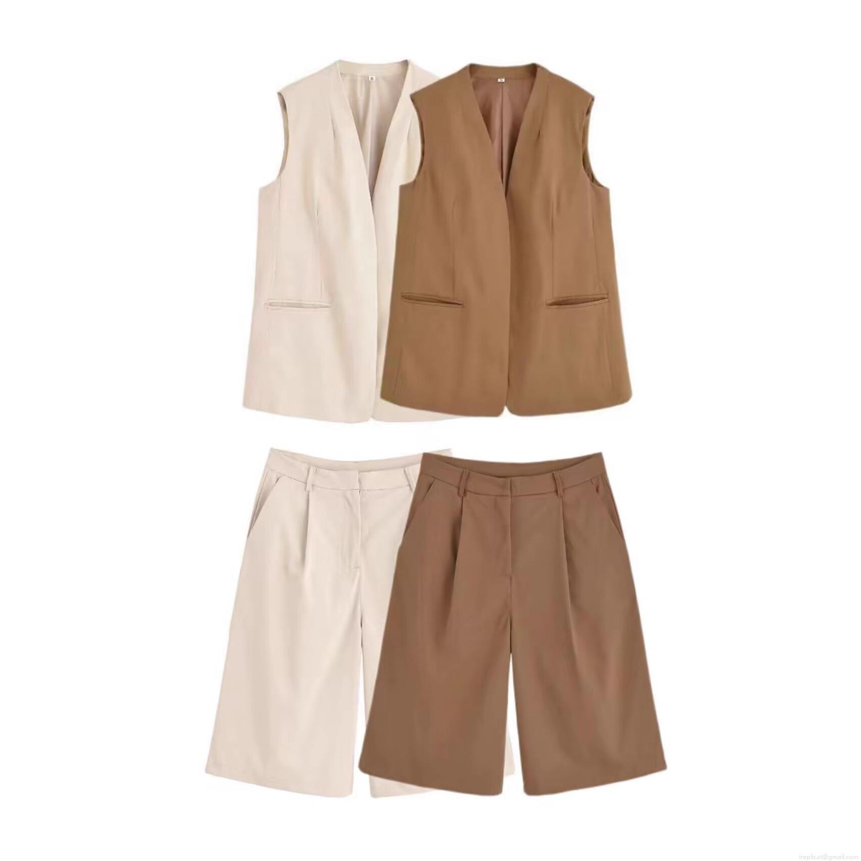Women's Casual 2 Piece Shorts Set Polyester V Neck Sleeveless Vest And High Waist Wide Leg Shorts Outfits For Autumn Office Lady Streetwear