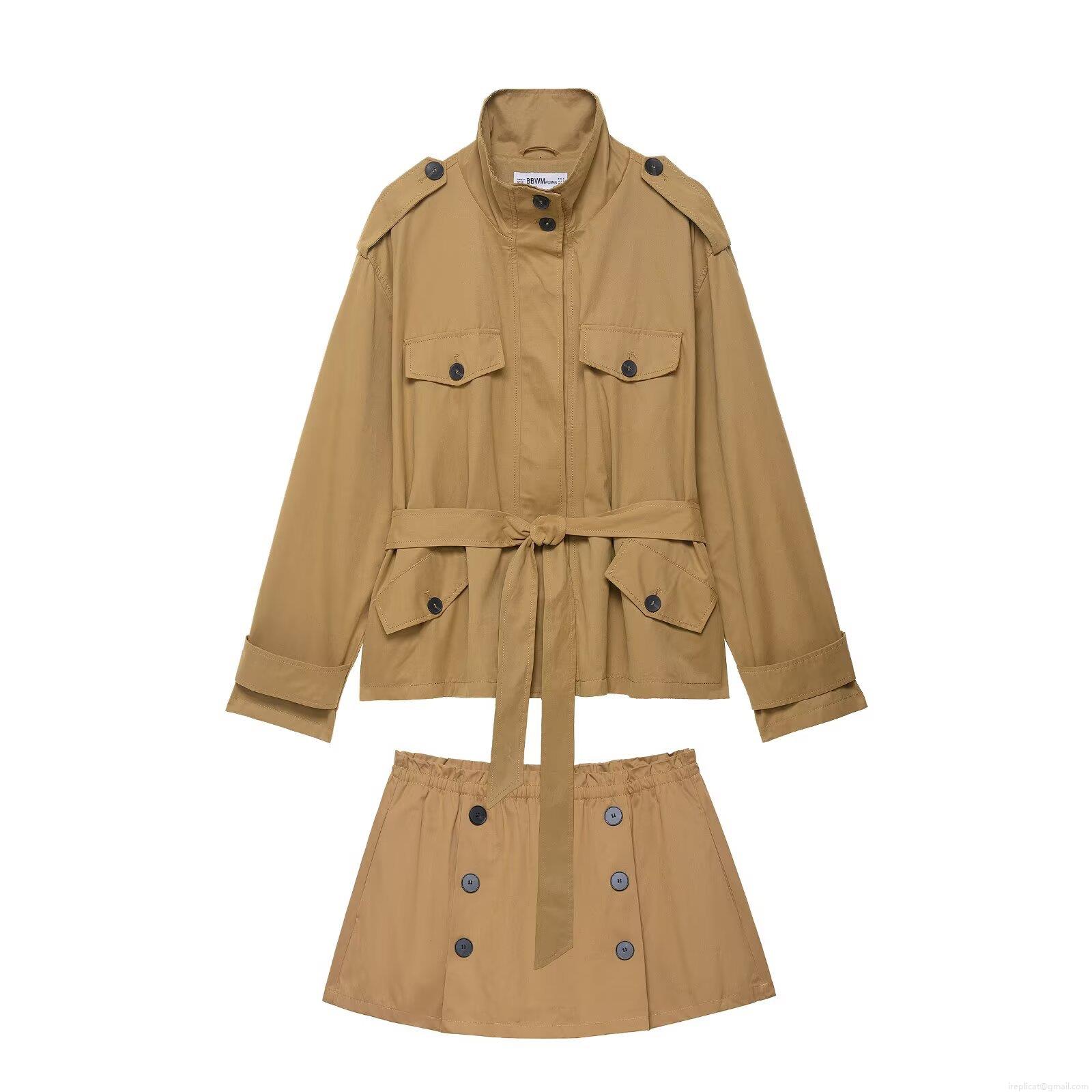 Women's 2-Piece Khaki Polyester Set Streetwear Belted Cropped Trench Jacket With Multi Pockets And High Waist Button Decorated Shorts Casual Autumn Outfit