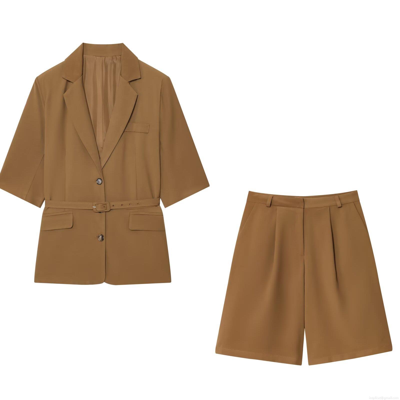 Women's Two Piece Blazer Set Short Sleeve Belted Notched Lapel Blazer And Wide Leg Shorts Solid Color Loose Casual Streetwear Office Lady Suit