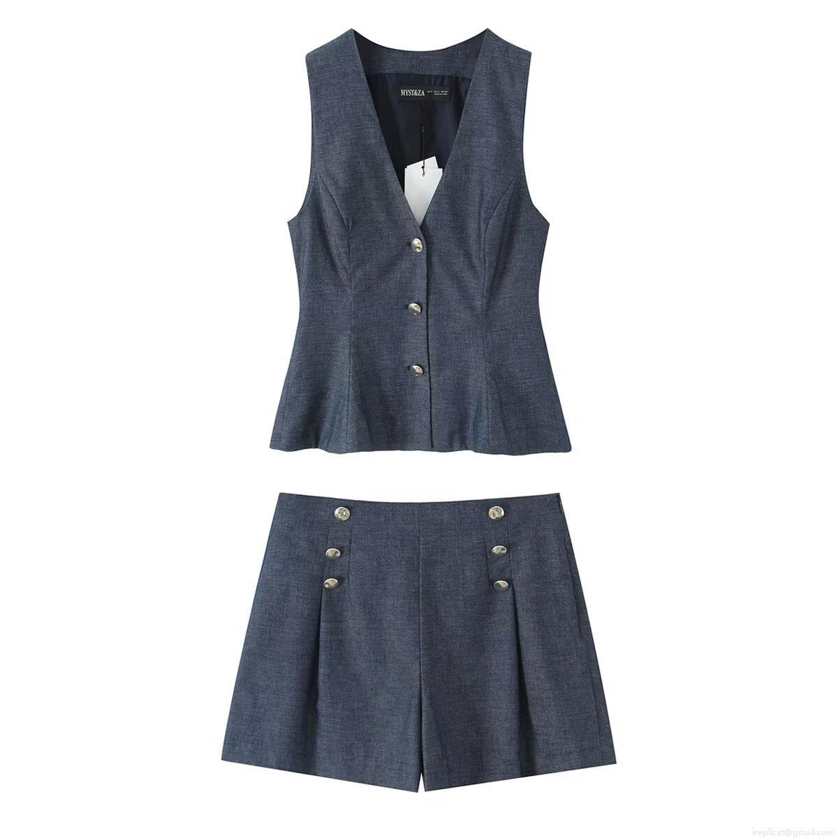 Women Fashion Linen Casual Two Piece Set Sleeveless V-Neck Slim Waist Vest Waistcoat And High Waist Button Decor Shorts Solid Navy Blue Summer Outfit For Women