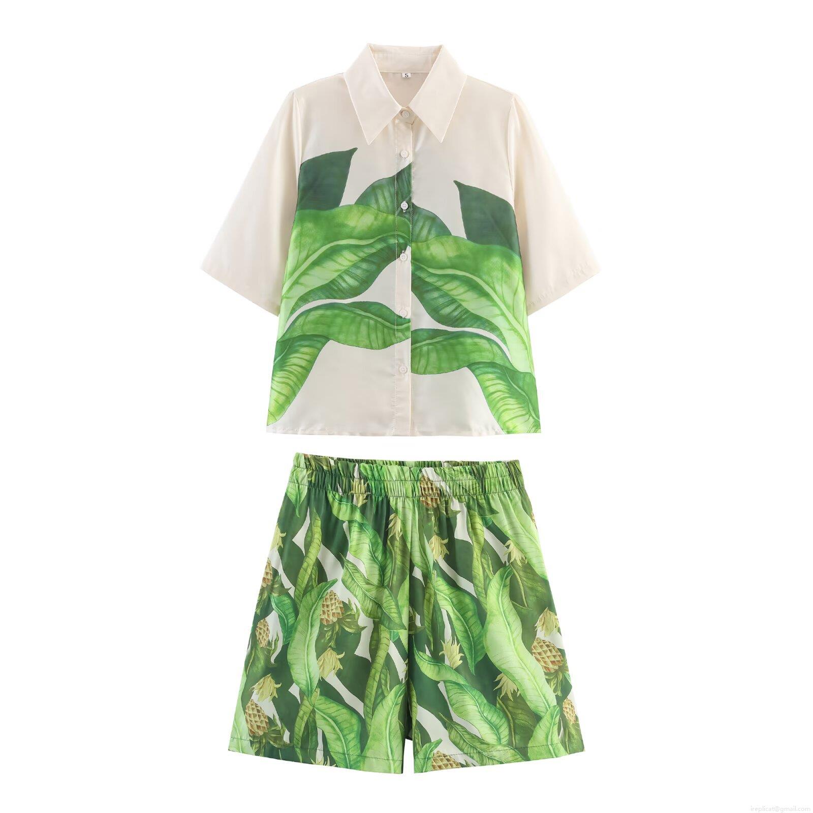 Women's Tropical Print Two Piece Shorts Set Casual Short Sleeve Button Up Shirt And Elastic Waist Shorts Vacation Beach Summer Leisure Outfit