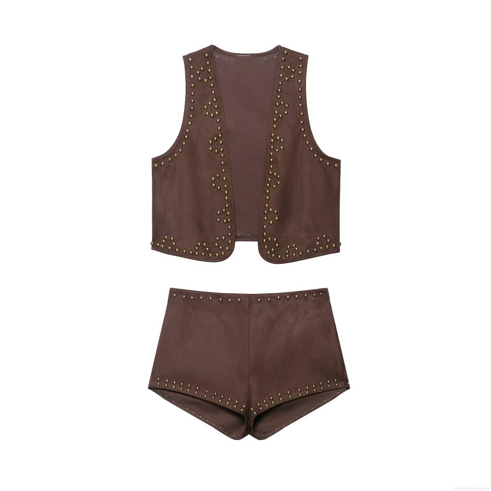 Women's Vintage Rivet Suede 2 Piece Set Sleeveless Waistcoat And High Waisted Shorts Western Bohemian Style Summer Streetwear Outfit