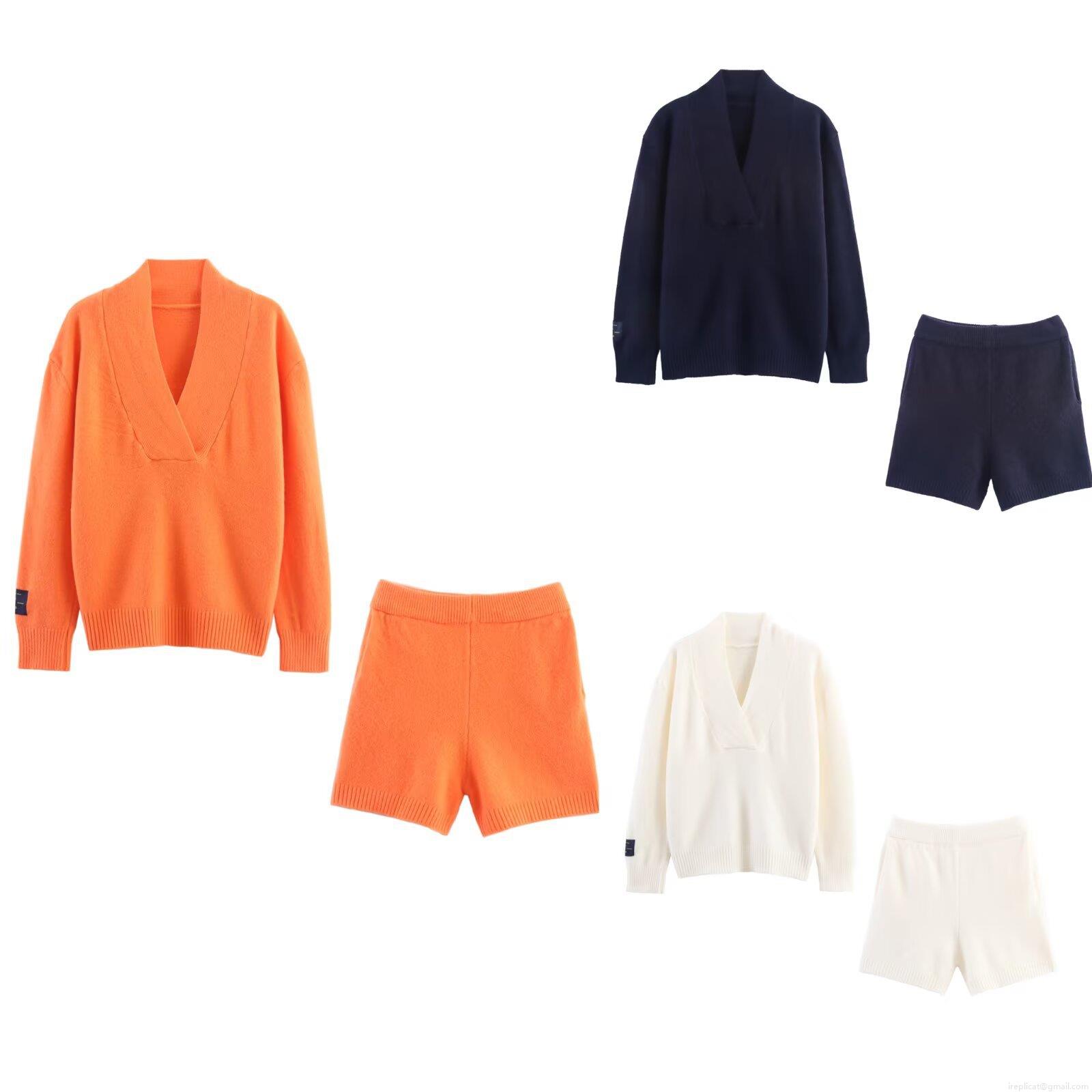 Women's Casual Polyester Knit Two-Piece Set V-Neck Long Sleeve Sweater And Matching Shorts Set Soft Comfortable Loungewear For Women