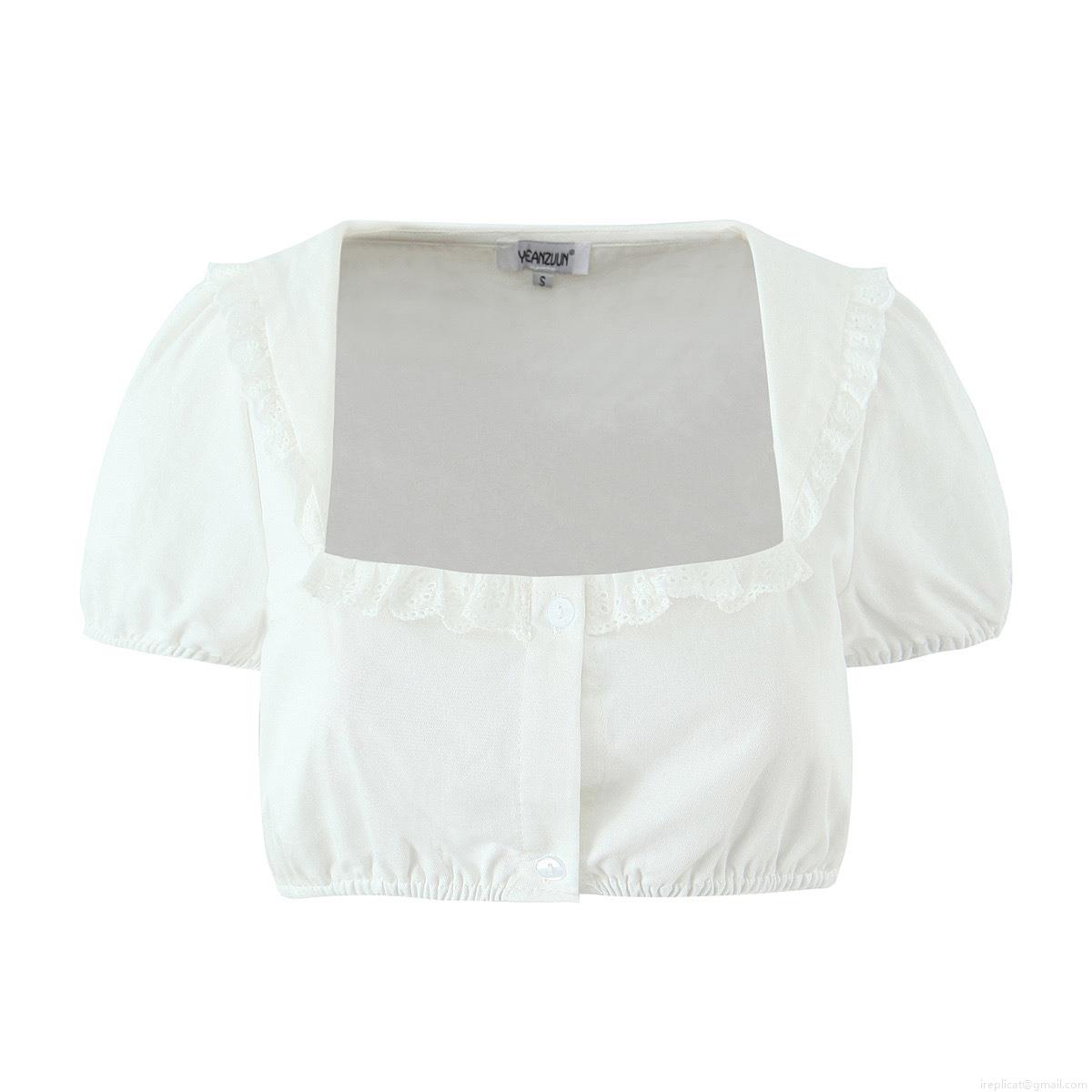 White Eyelet Embroidery Cotton Two Piece Set Puff Sleeve Square Neck Crop Top and Tie Ruffle Shorts French Vintage Summer Beach Vacation Outfit for Women