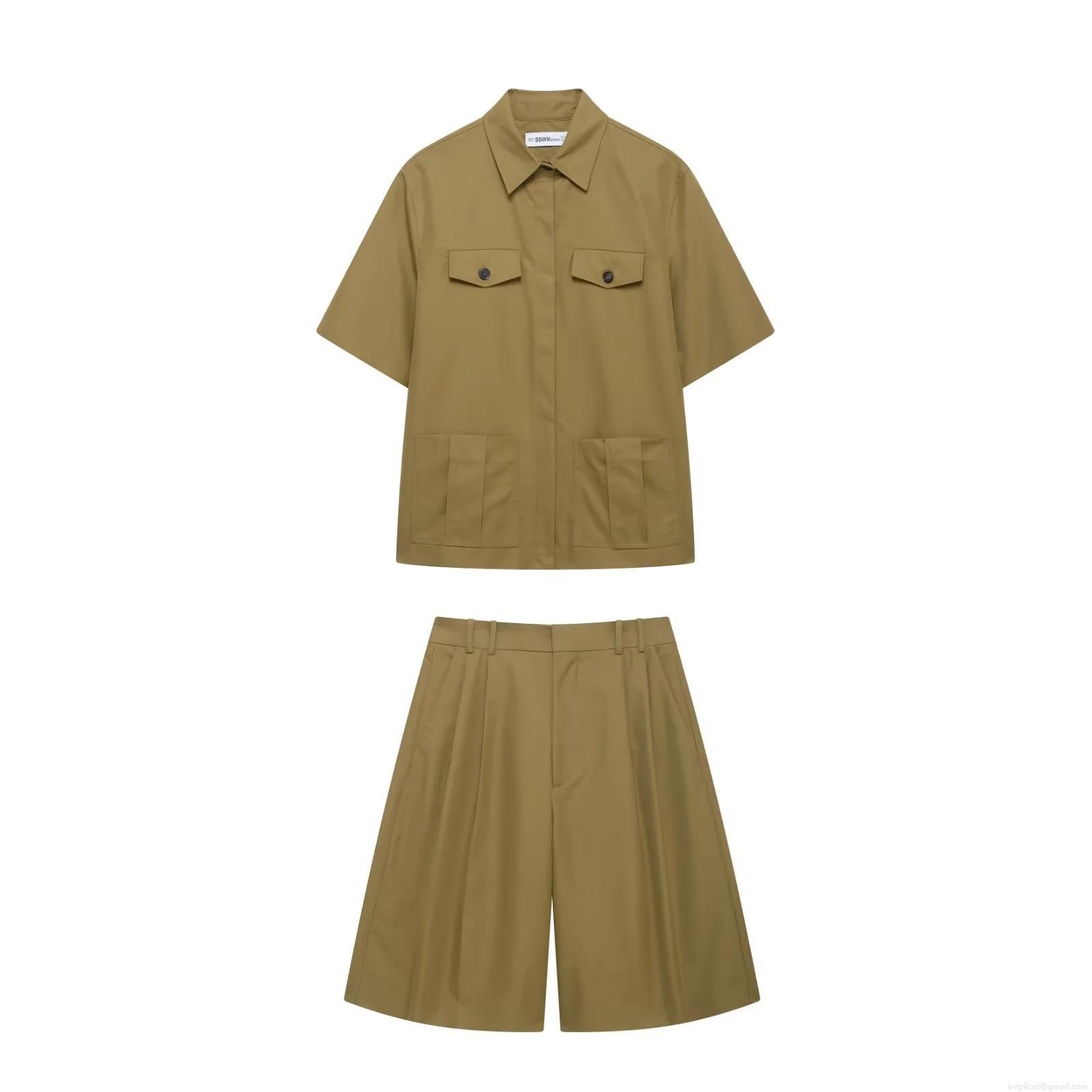 Women's Casual Two Piece Outfits Cargo Style Short Sleeve Shirt And High Waist Pleated Wide Leg Shorts Set Khaki Solid Color Summer Streetwear 2 Piece Co-ords
