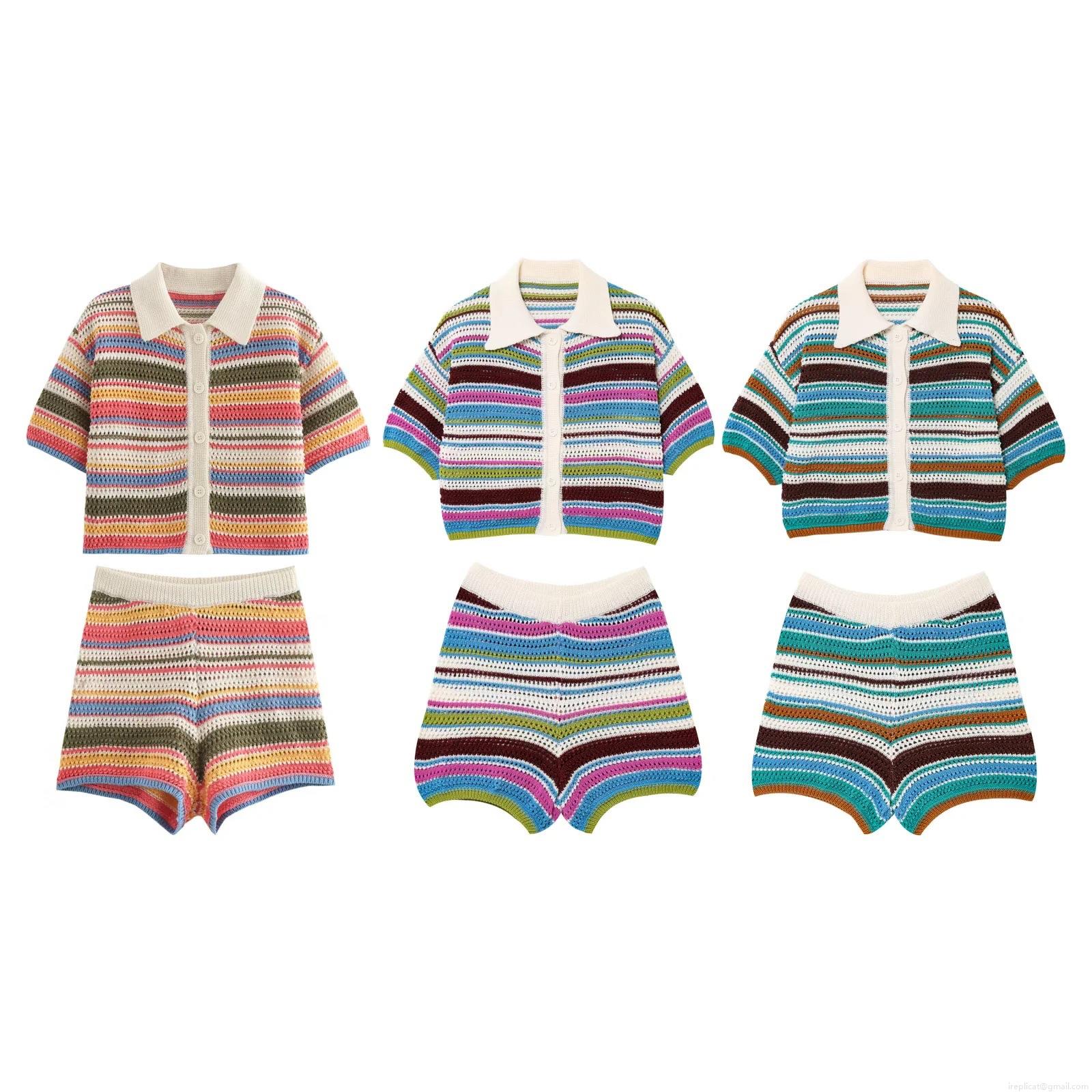 Women Crochet Stripe Polo Shirt And Shorts Set Bohemian Knit Short Sleeve Button Down Top High Waist Beach Shorts Two Piece Outfits