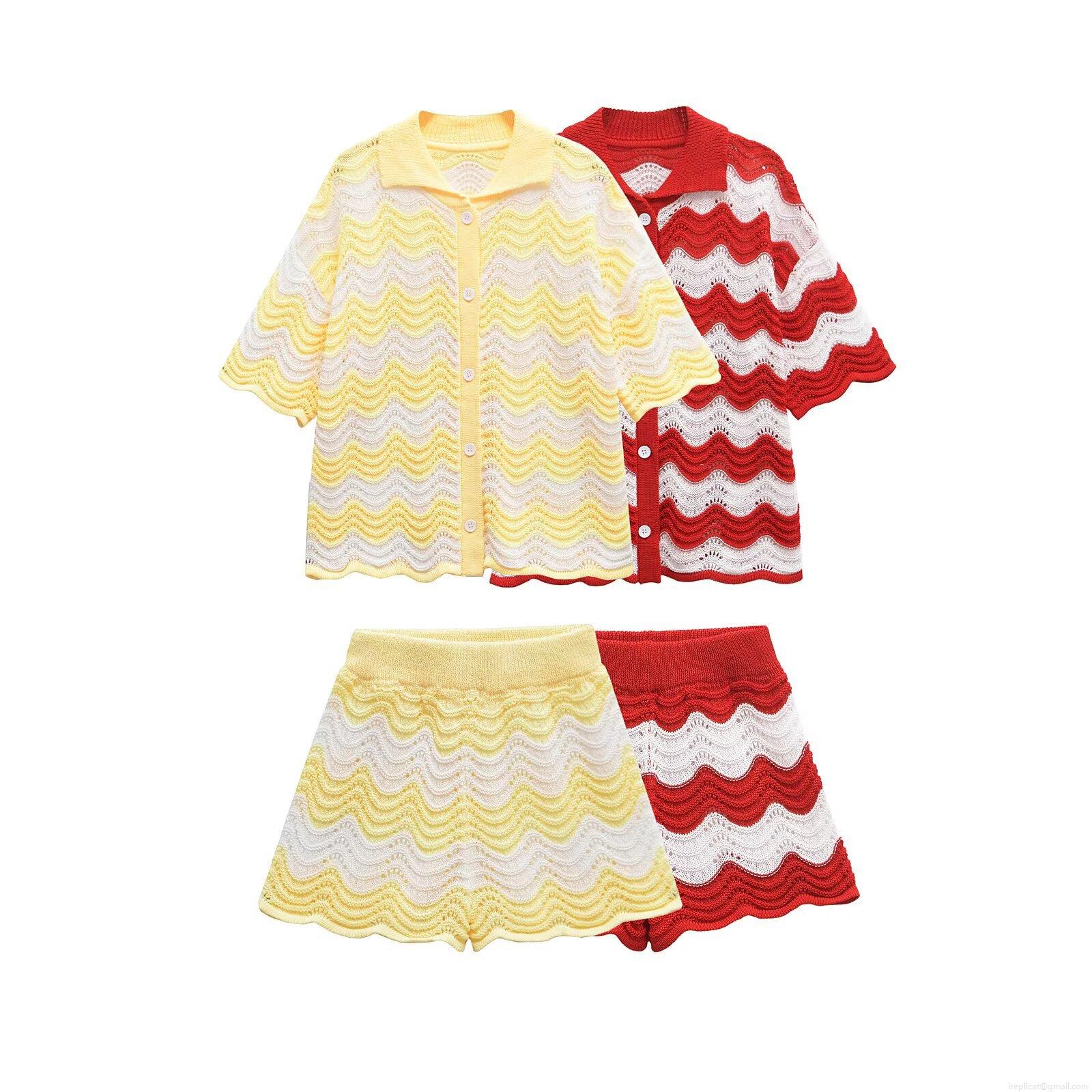 Women's 2 Piece Knit Outfits Crochet Wave Pattern Striped Short Sleeve Button Down Cardigan Polo Shirt and High Waist Shorts Set Summer Beach Casual Streetwear Boho Vacation Suit