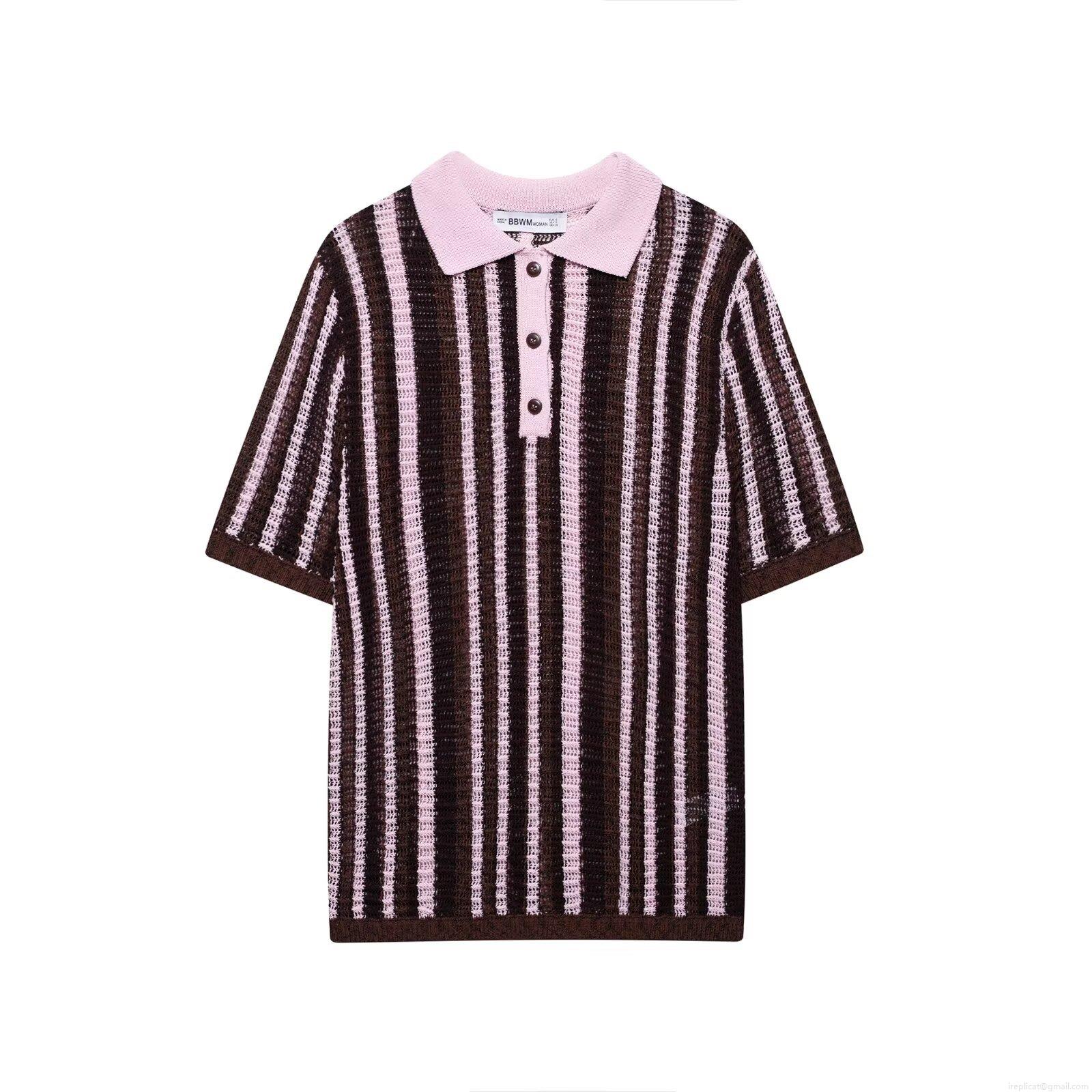 Women Striped Knit Two Piece Set Short Sleeve Polo Shirt And High Waist Knit Shorts Breathable Streetwear Casual Outfits For Women