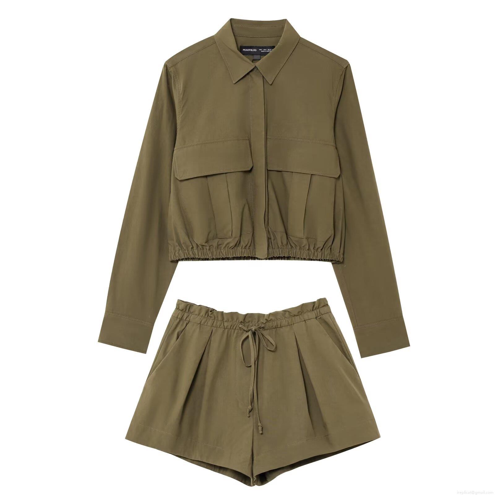 Women's 2-Piece Utility Set Cotton Nylon Blend Long Sleeve Crop Shirt And High Waist Drawstring Shorts With Flap Pockets Workwear Style Casual Outfit