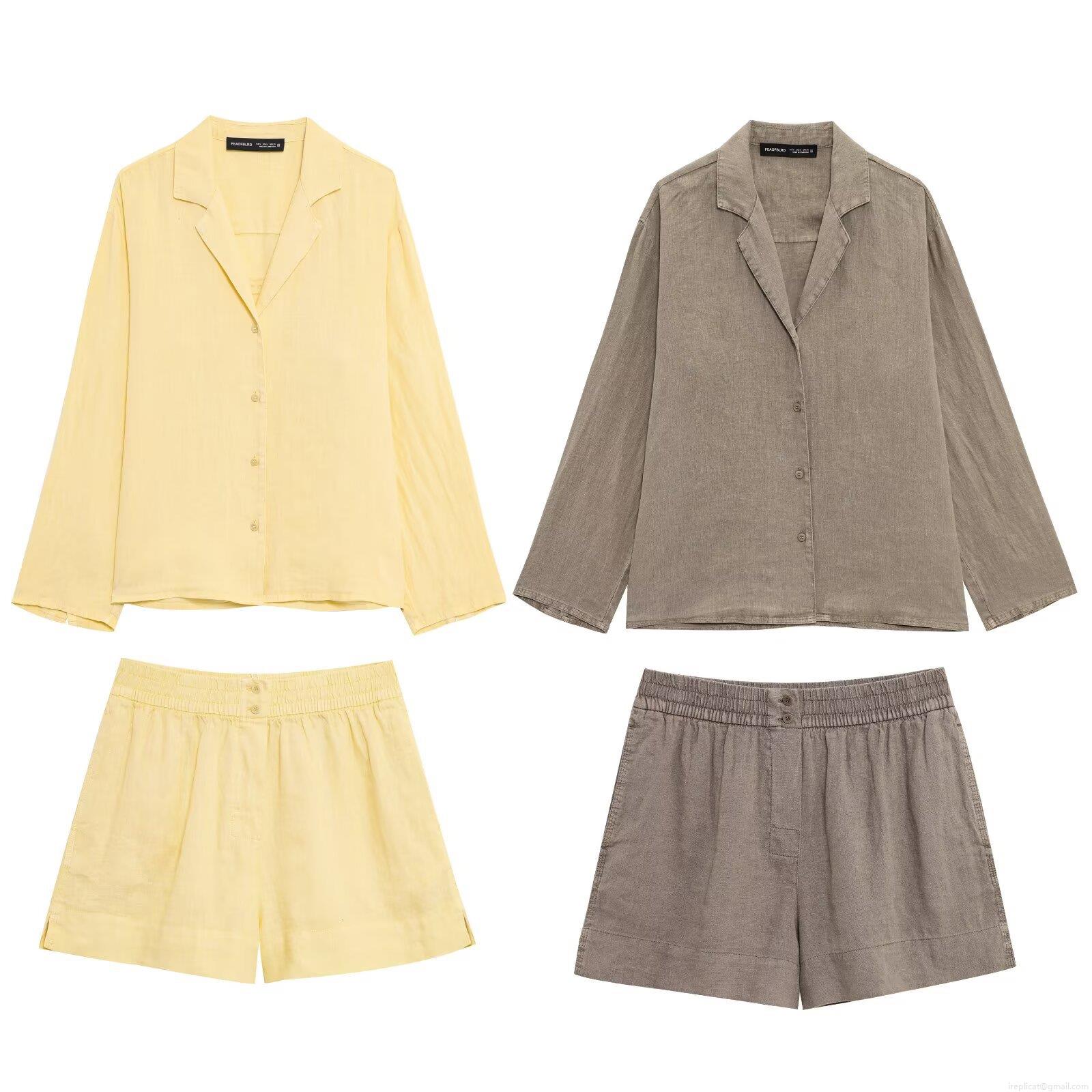 Women Casual Cotton Linen Shorts Set Long Sleeve Button Down V Neck Shirt And Elastic Waist Shorts Two Piece Summer Lounge Outfit Streetwear Comfortable Breathable Suit