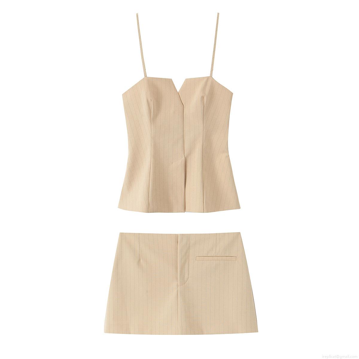 Women's Two Piece Outfits Woven Cotton Blend Striped Camisole V Neck Crop Top and High Waist Skort Shorts Set Fashion Summer Casual Beachwear