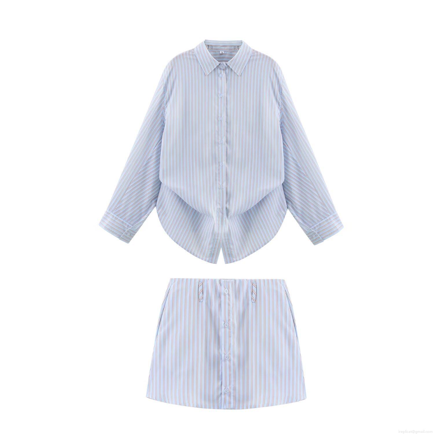 Women's Two Piece Set Long Sleeve Striped Oversized Button Down Shirt And Matching Shorts Skirt Light Blue Vertical Stripe Casual Loose Loungewear Co-ord Outfit For Summer Vacation Beach Wear
