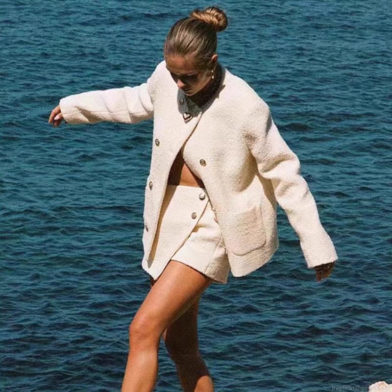 Women Elegant Two Piece Tweed Set Chanel Style Button Jacket And Skort Suit White Textured Long Sleeve Outfits For Ladies Party Workwear