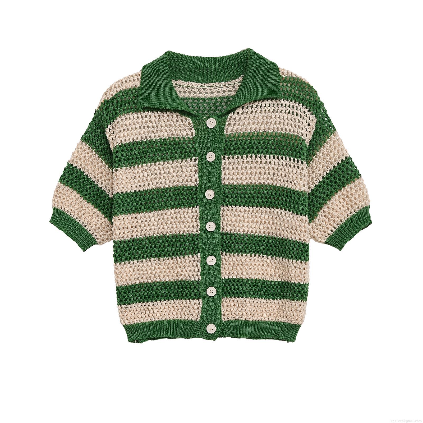 Women's Hollow Out Crochet Knit Stripe Two Piece Set Short Sleeve Polo Collar Button Up Shirt and Drawstring Waist Shorts Casual Summer Beach Vacation Outfits