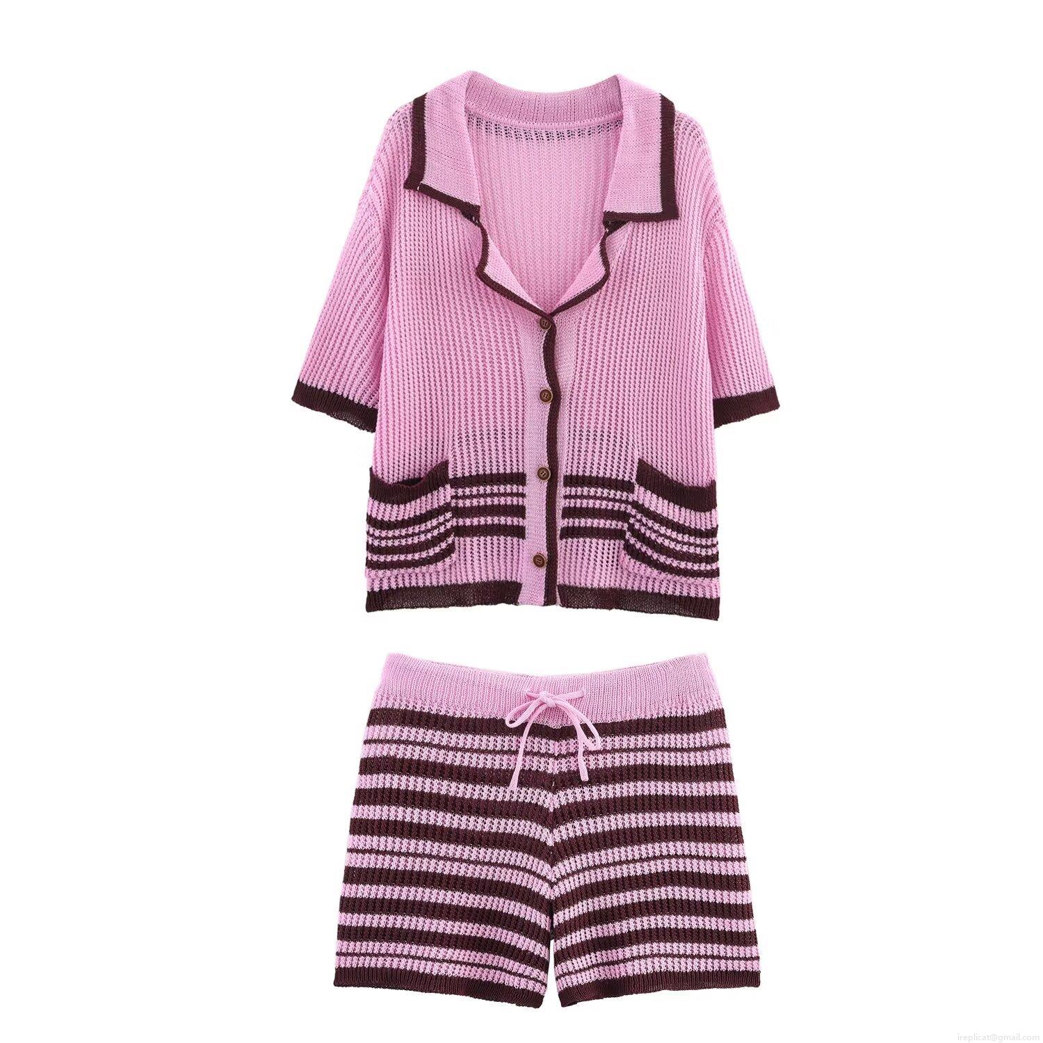 Women's Striped Knit Polo Set Contrast Color Short Sleeve Button Up Cardigan And Drawstring Shorts Two Piece Casual Streetwear Loungewear Outfit