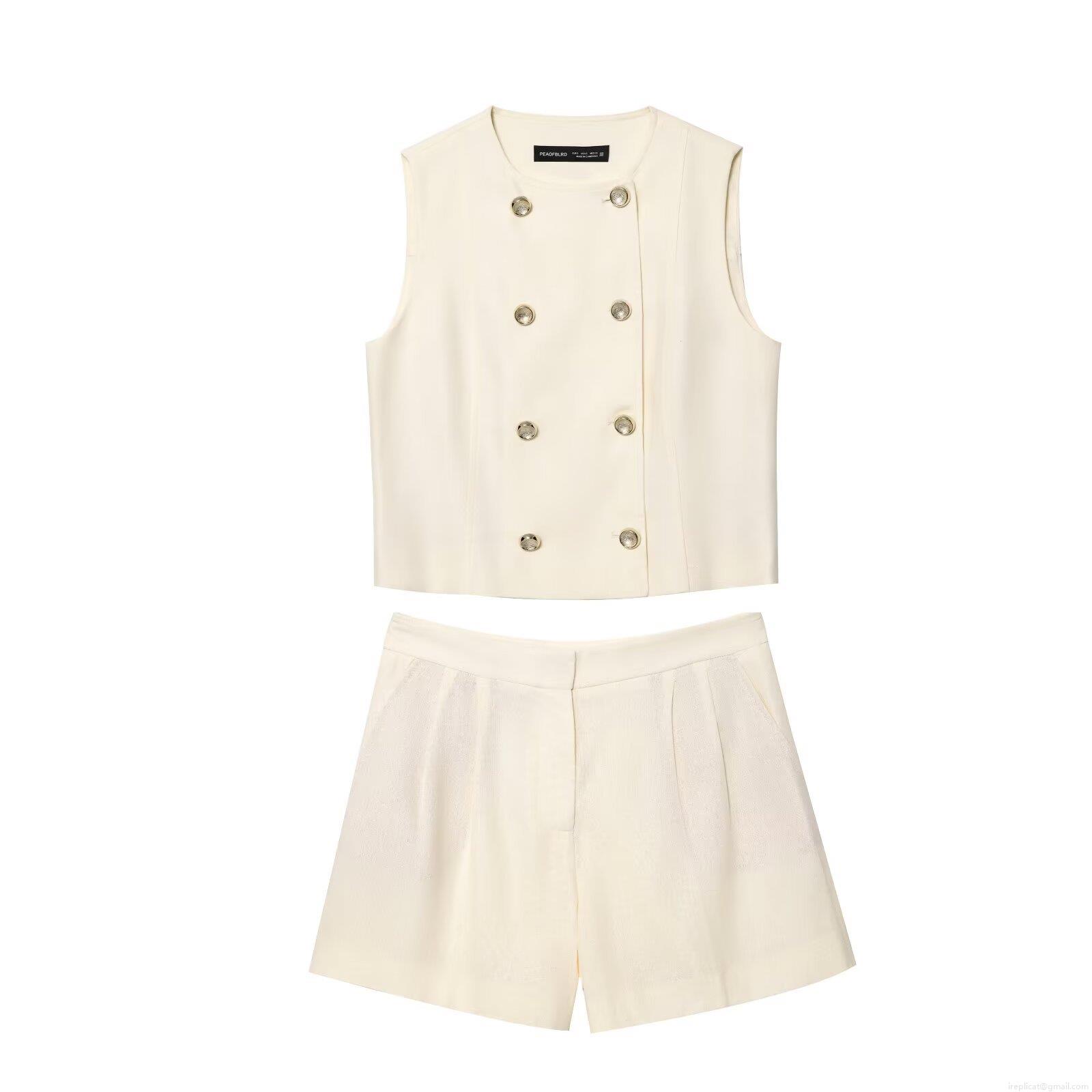 Women's Two Piece Linen Blend Set Double Breasted Sleeveless Vest Top And High Waist Pleated Shorts Casual Summer Streetwear Outfit Ivory