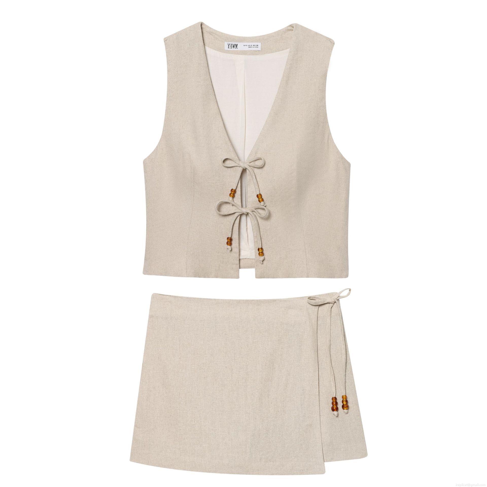 Women's Two Piece Cotton Linen Vest And Shorts Set V-Neck Beaded Tie Front Top High Waist Wrap Shorts Casual Vacation Oatmeal Outfits